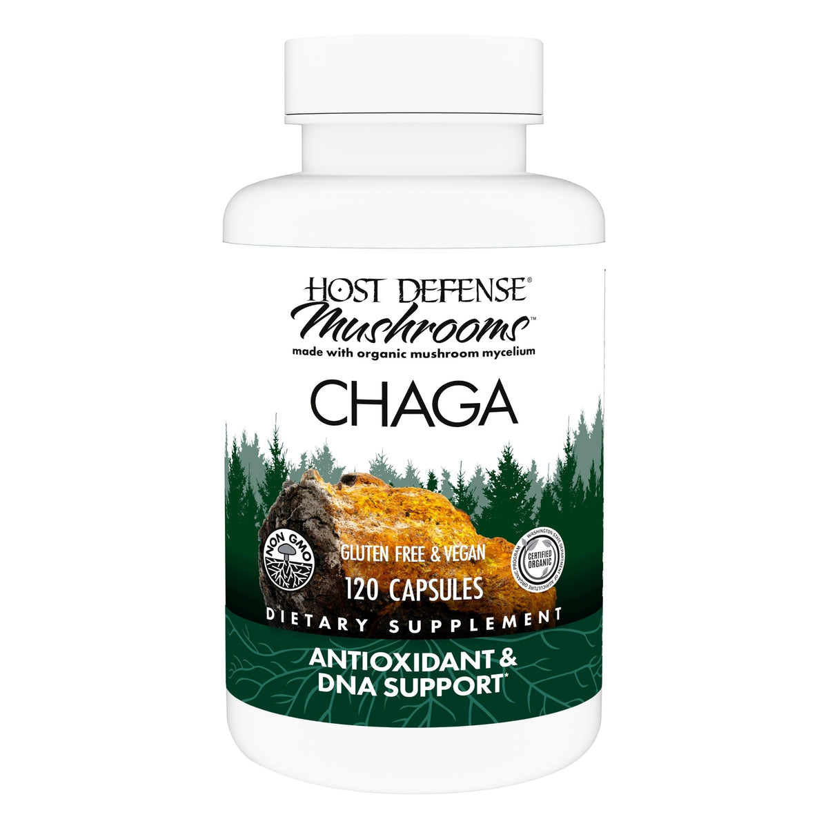 Host Defense Chaga cápsulas: bote frente para apoyo inmunitario y antioxidante diario.