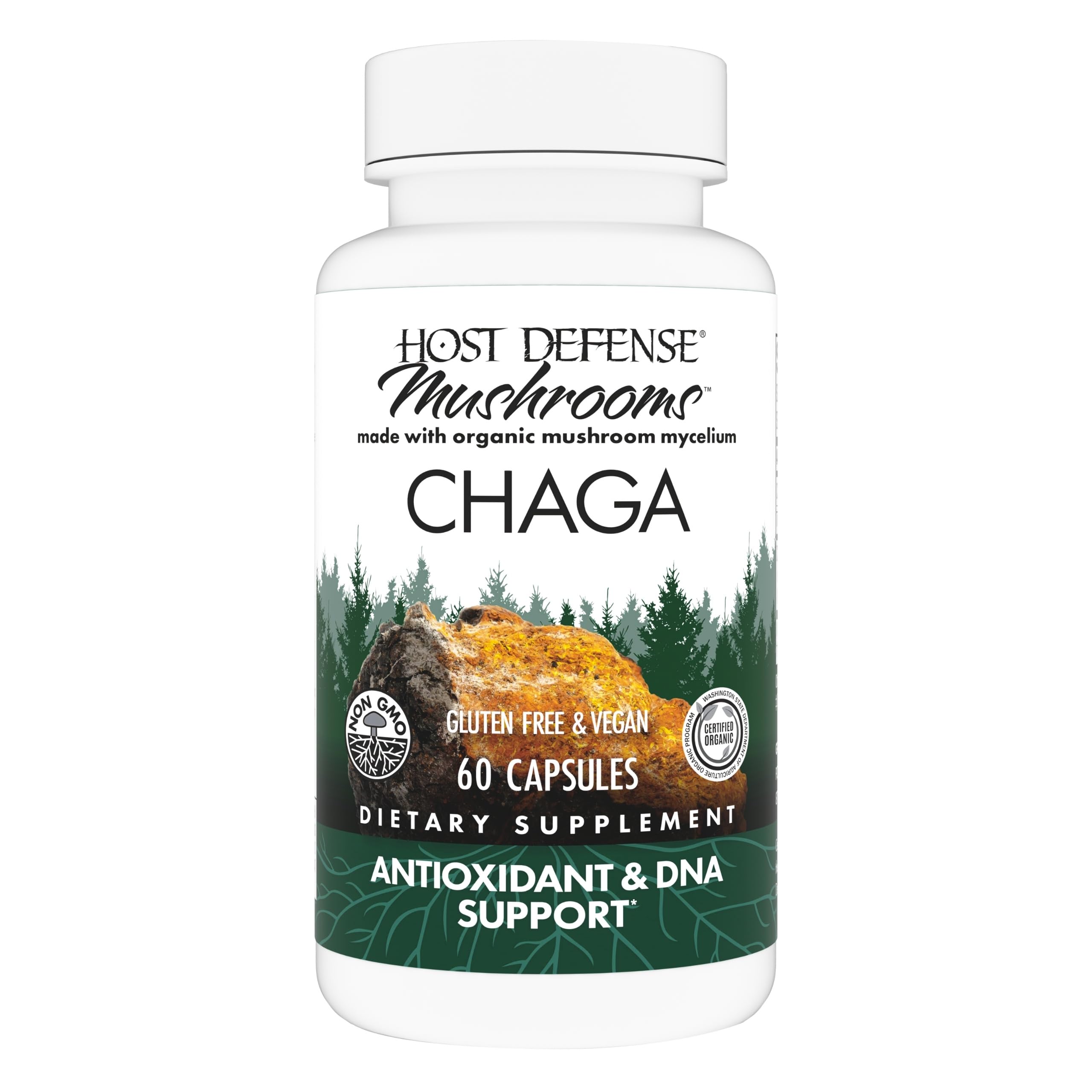 Host Defense Chaga cápsulas en bote para uso diario y apoyo antioxidante potencial