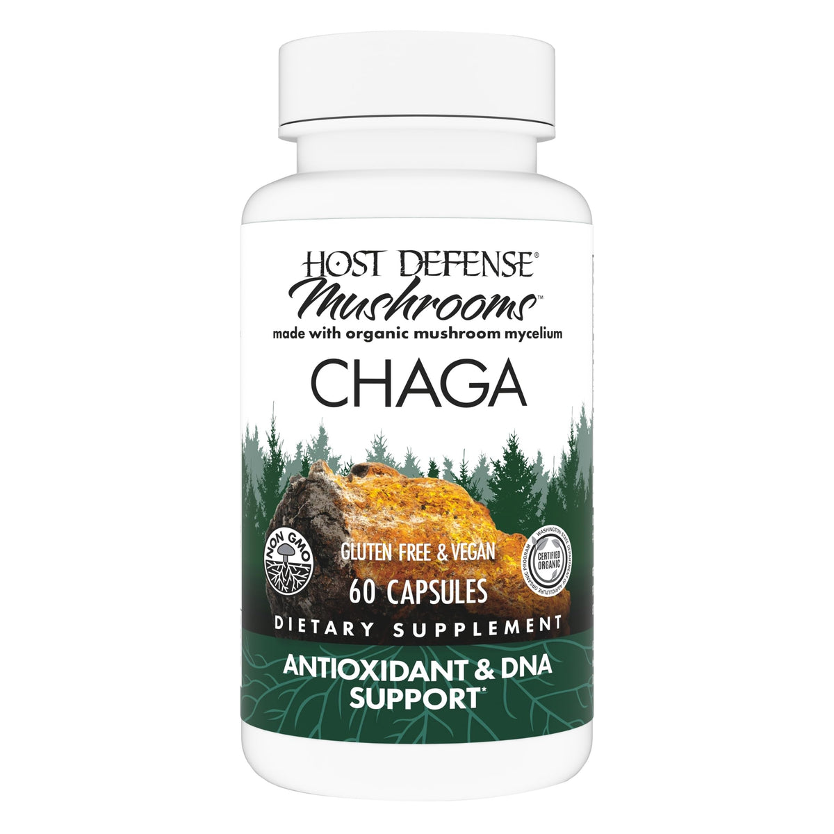 Host Defense Chaga cápsulas en bote para uso diario y apoyo antioxidante potencial