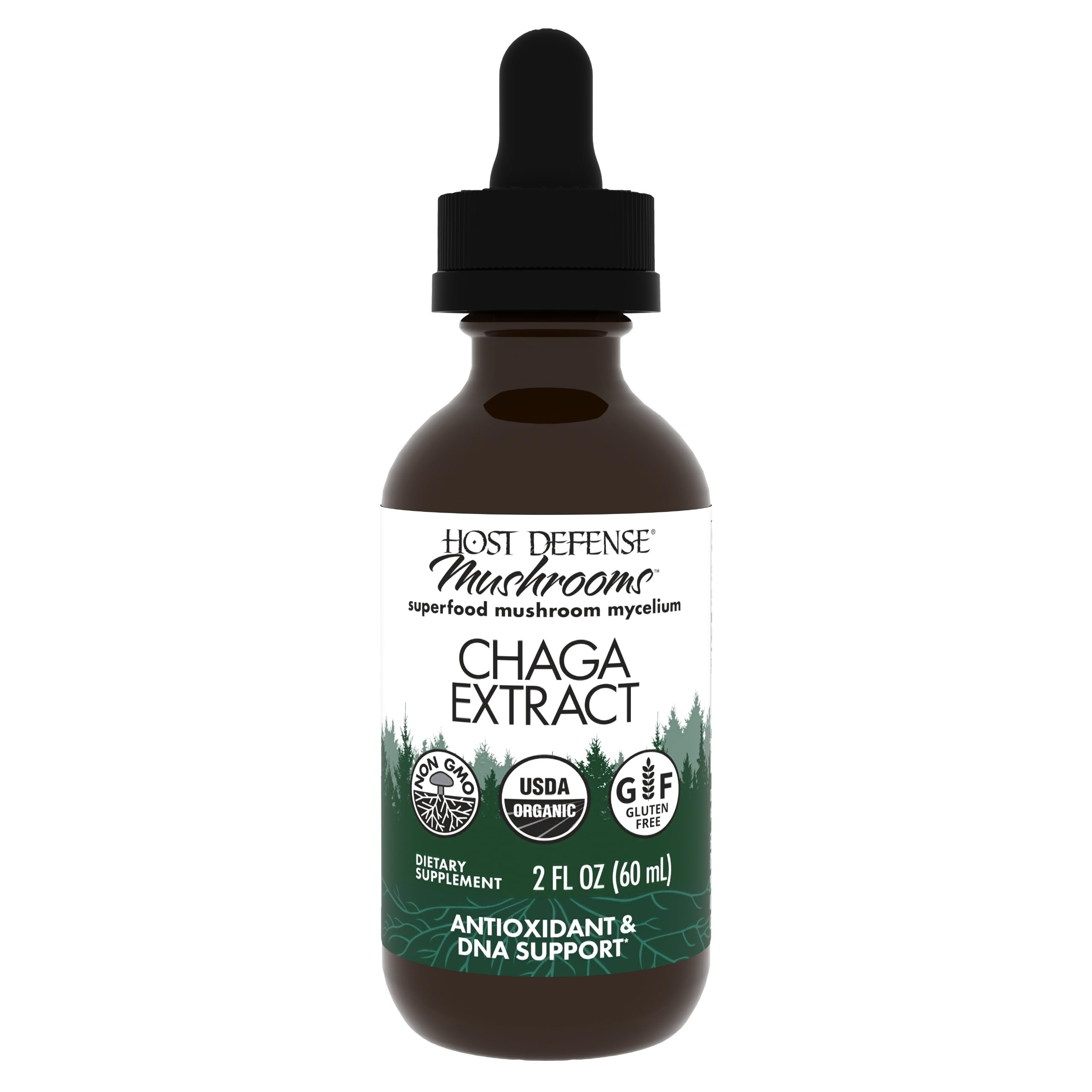 Host Defense Chaga Extract, botella-frente: posible apoyo inmunitario y antioxidante.
