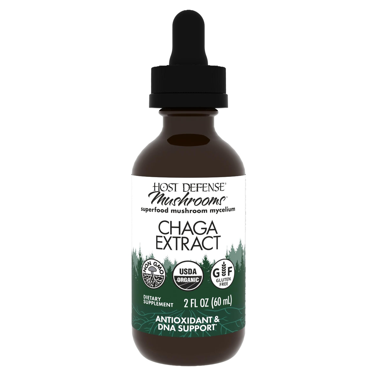Host Defense Chaga Extract, botella-frente: posible apoyo inmunitario y antioxidante.