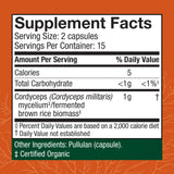 Host Defense Cordyceps etiqueta del producto destaca ingredientes orgánicos.