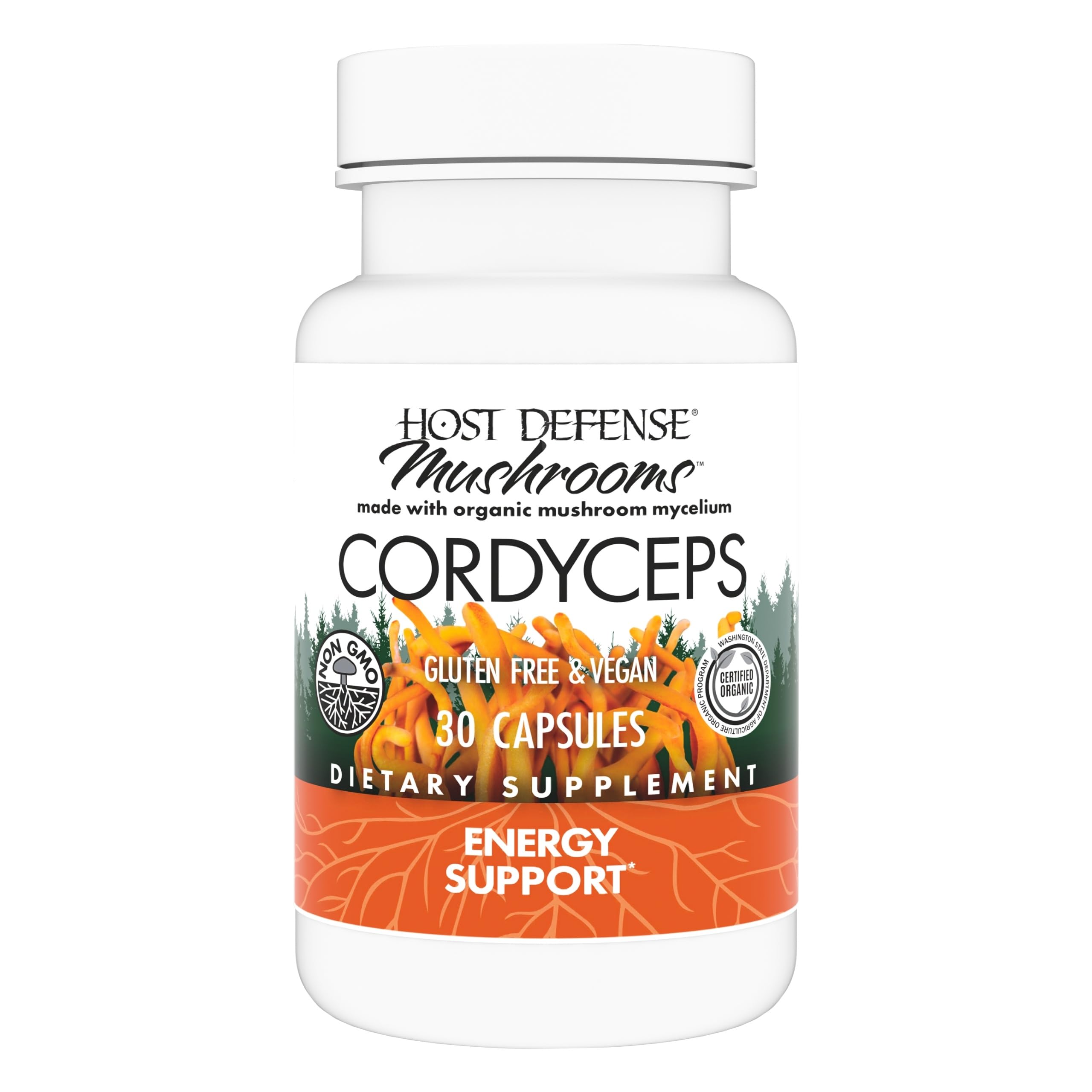 Host Defense Cordyceps frasco de cápsulas para apoyo inmune y energía diaria.