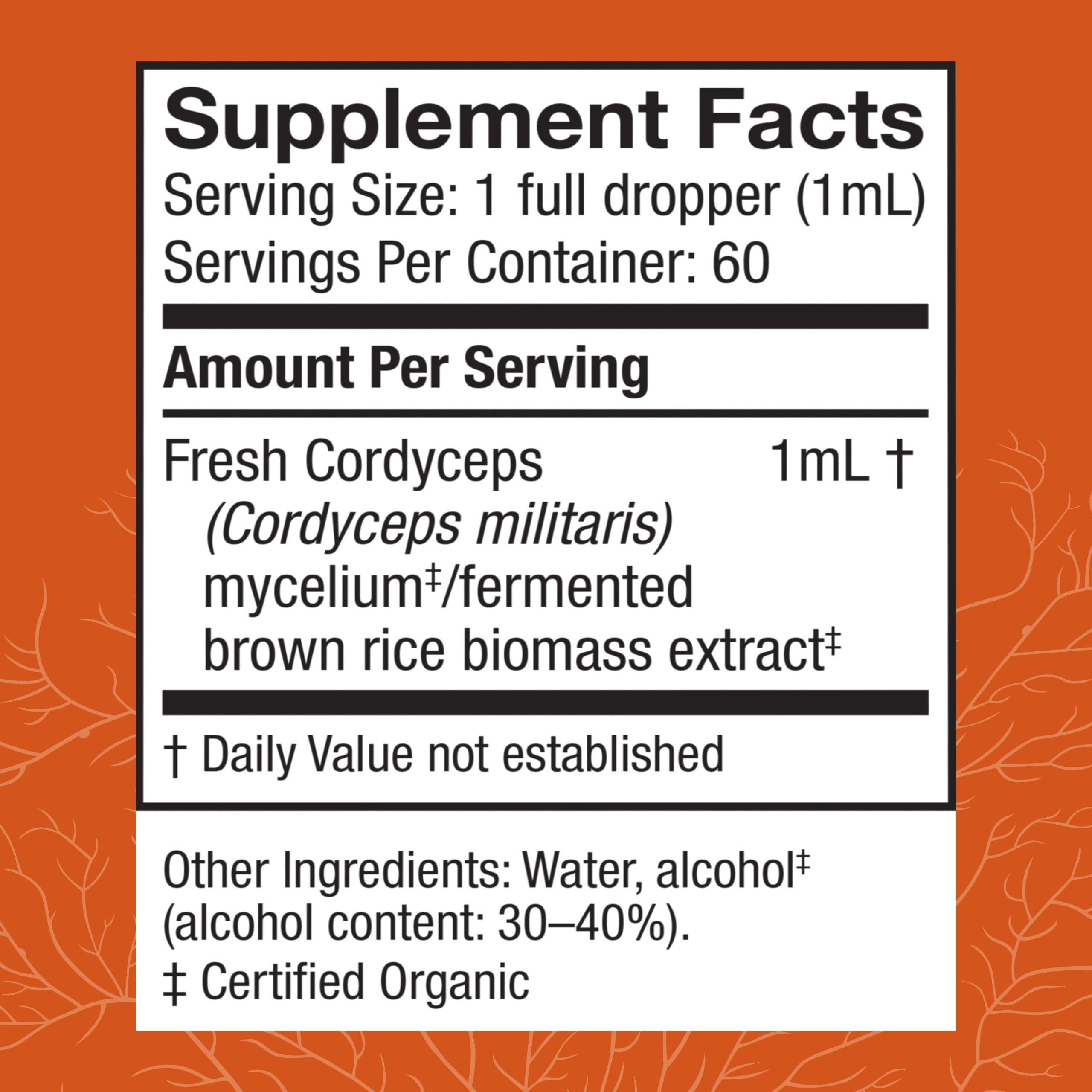 Host Defense Cordyceps Extract, gotero mostrando dosis, posible mejora de rendimiento durante el entrenamiento