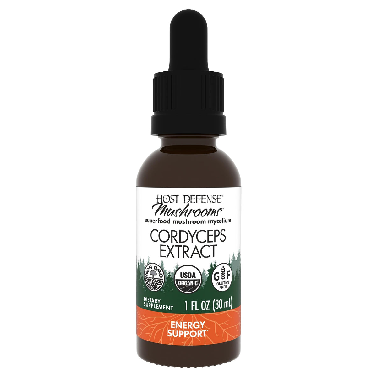 Host Defense Cordyceps en frasco de 1 oz para apoyo de energía diaria.
