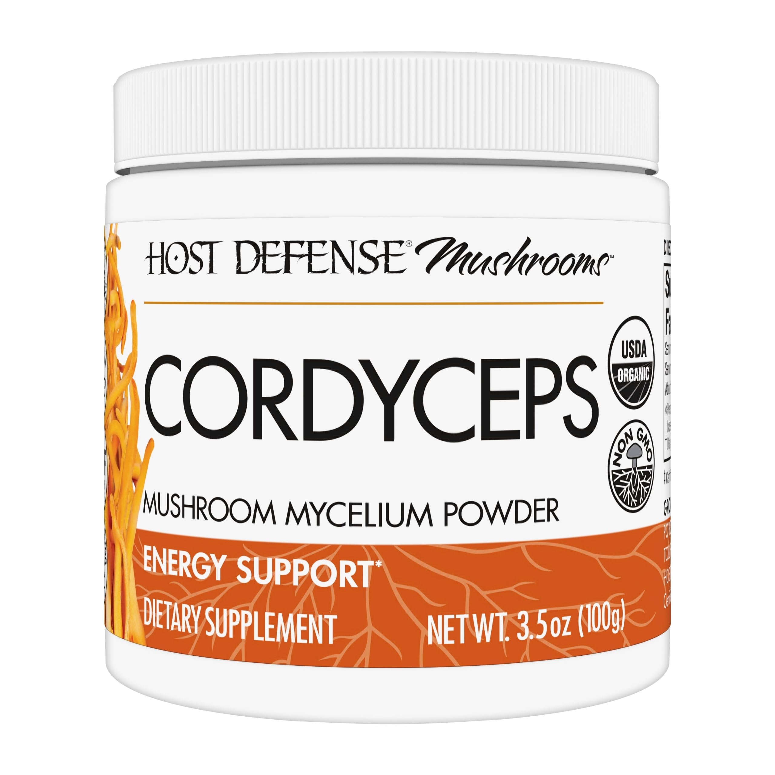 Host Defense Cordyceps polvo en envase, apoyo a la inmunidad y energía diaria.