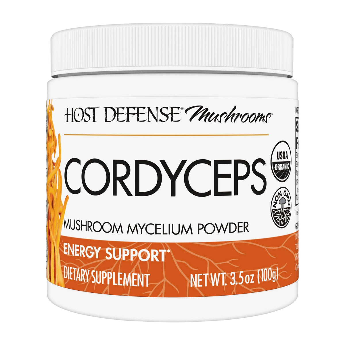 Host Defense Cordyceps polvo en envase, apoyo a la inmunidad y energía diaria.