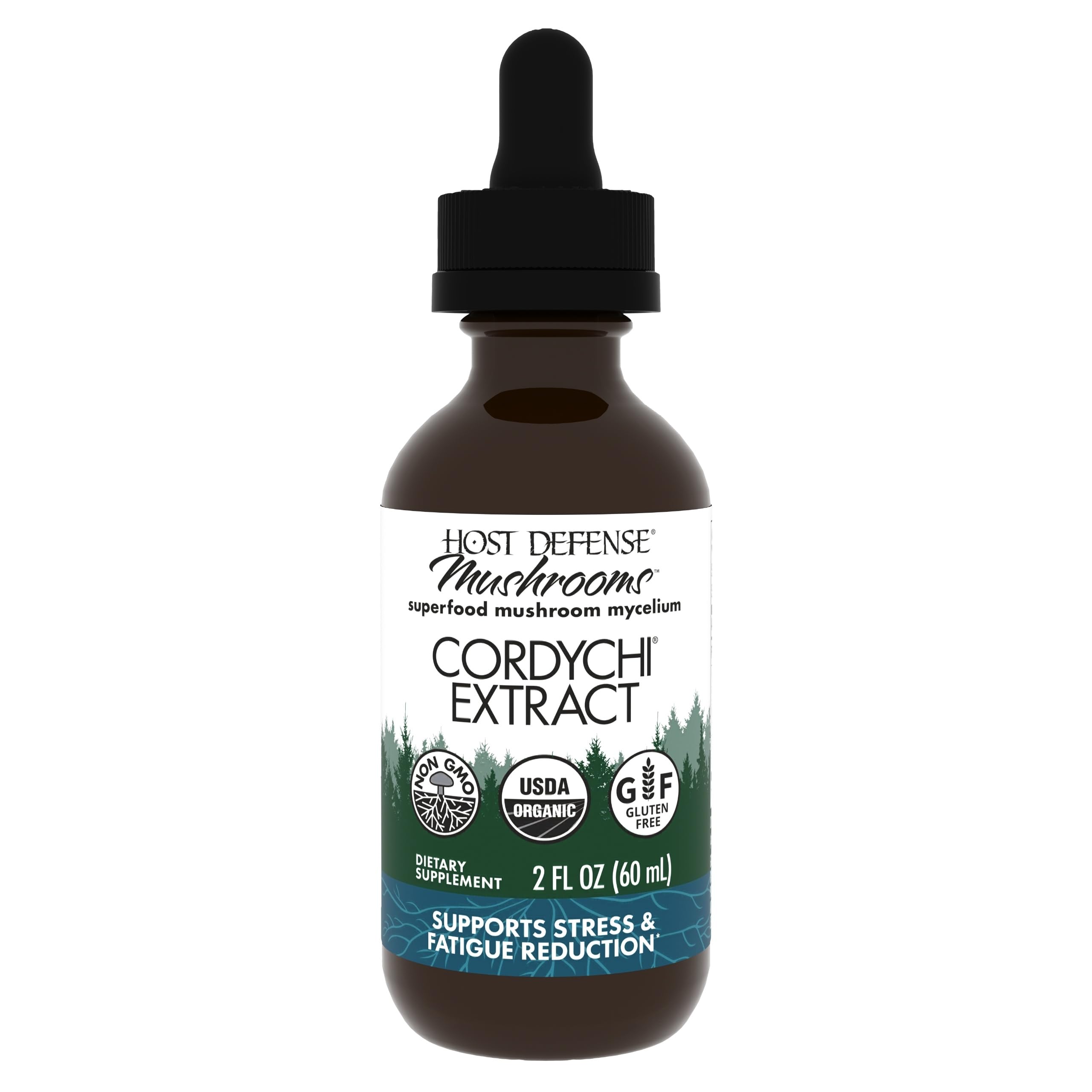 Host Defense CordyChi: botella con etiqueta frontal, sugerente de energía suave y bienestar.