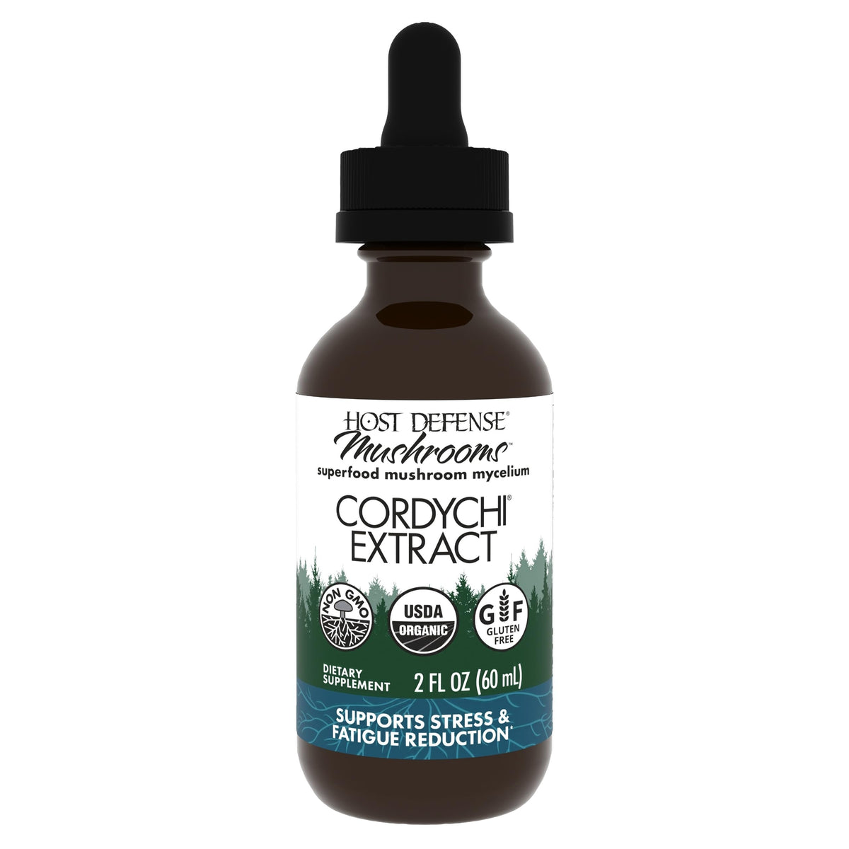 Host Defense CordyChi: botella con etiqueta frontal, sugerente de energía suave y bienestar.
