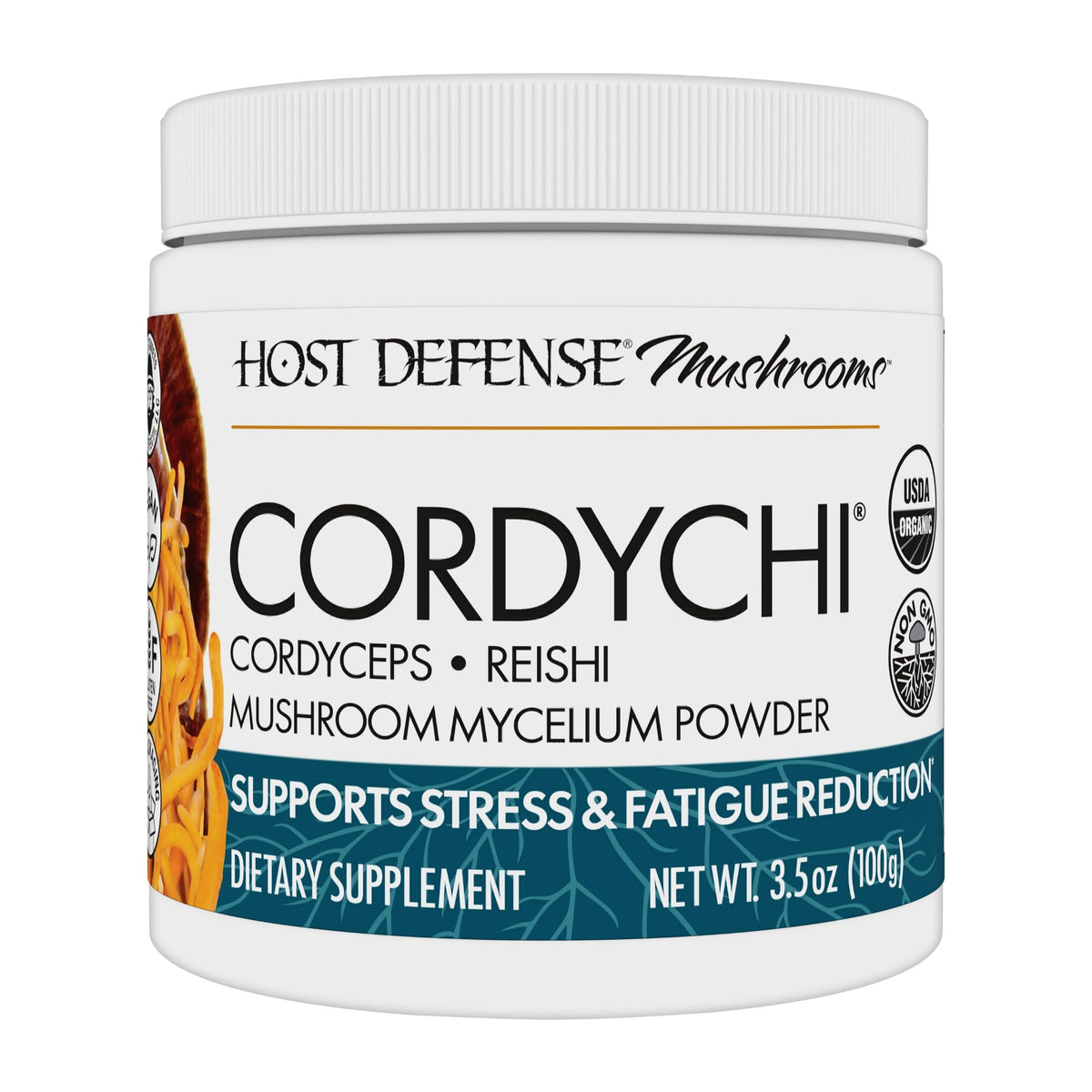 Host Defense CordyChi Polvo en frasco para energía y bienestar.