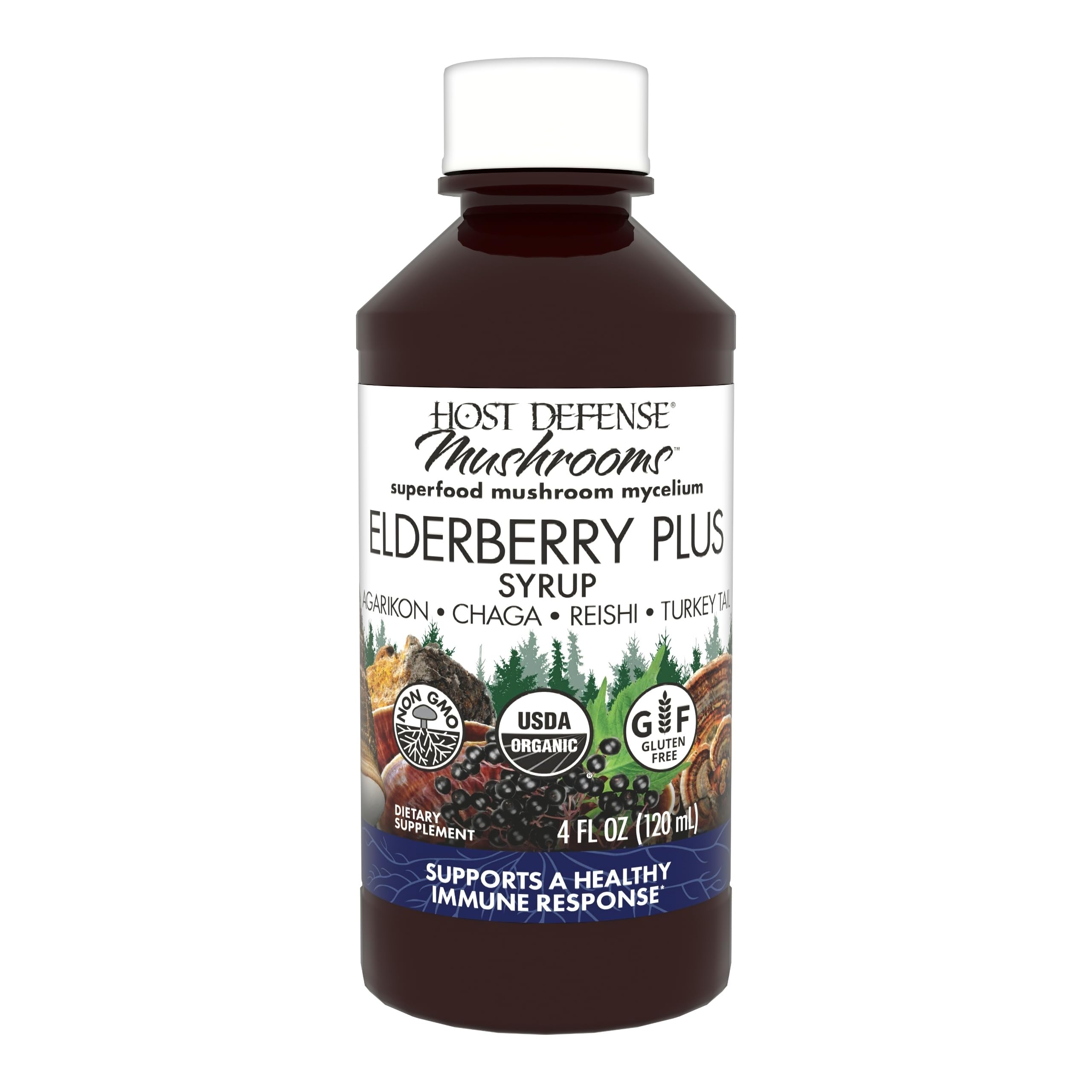 Jarabe Host Defense Elderberry Plus en botella ámbar para apoyo inmune diario.