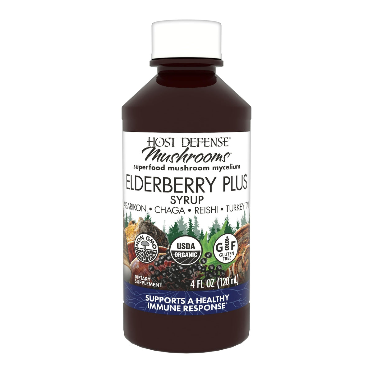 Jarabe Host Defense Elderberry Plus en botella ámbar para apoyo inmune diario.
