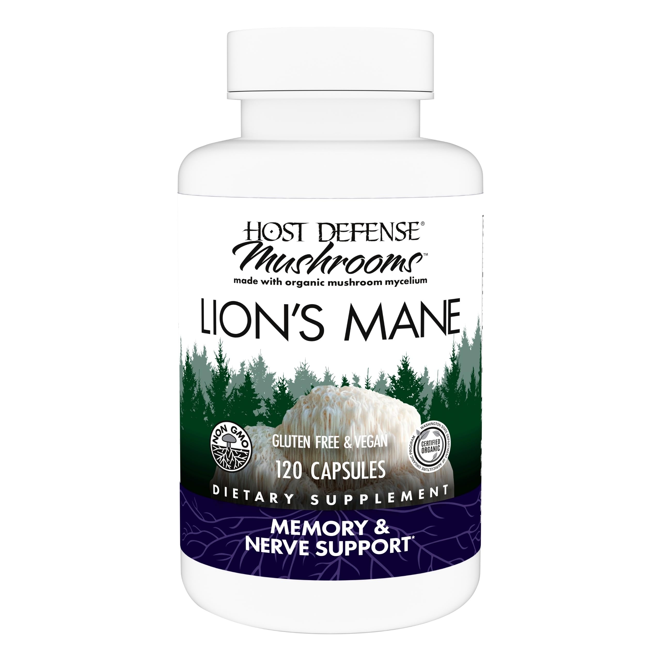 Host Defense Lion's Mane frasco vertido, posible apoyo al enfoque diario.