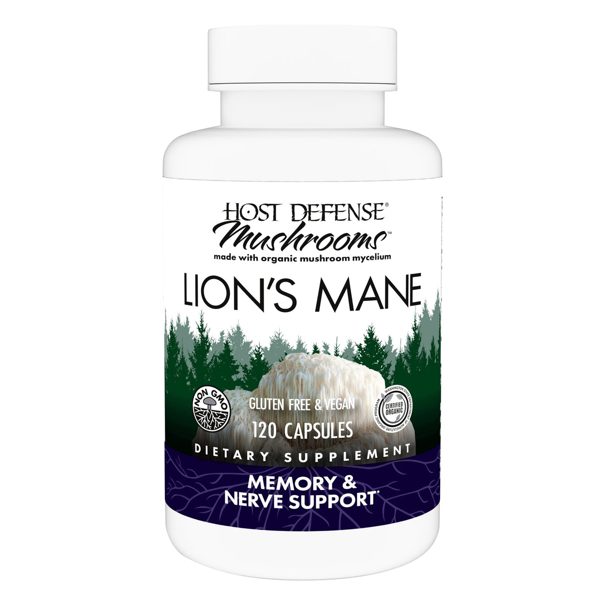 Host Defense Lion's Mane frasco vertido, posible apoyo al enfoque diario.