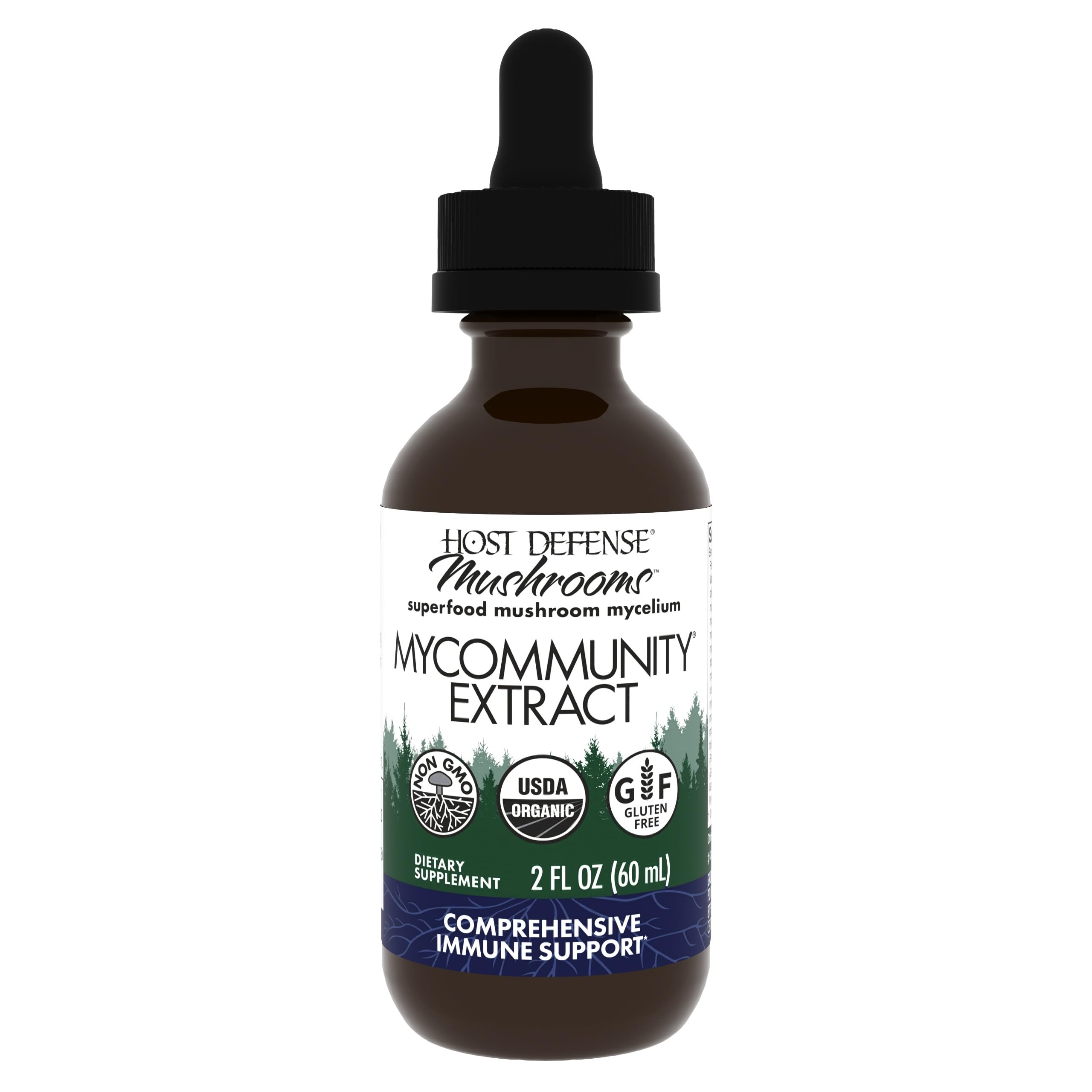 Host Defense MyCommunity Extract frasco visto de frente, ideal para uso diario