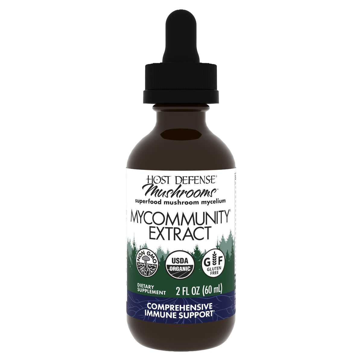 Host Defense MyCommunity Extract frasco visto de frente, ideal para uso diario