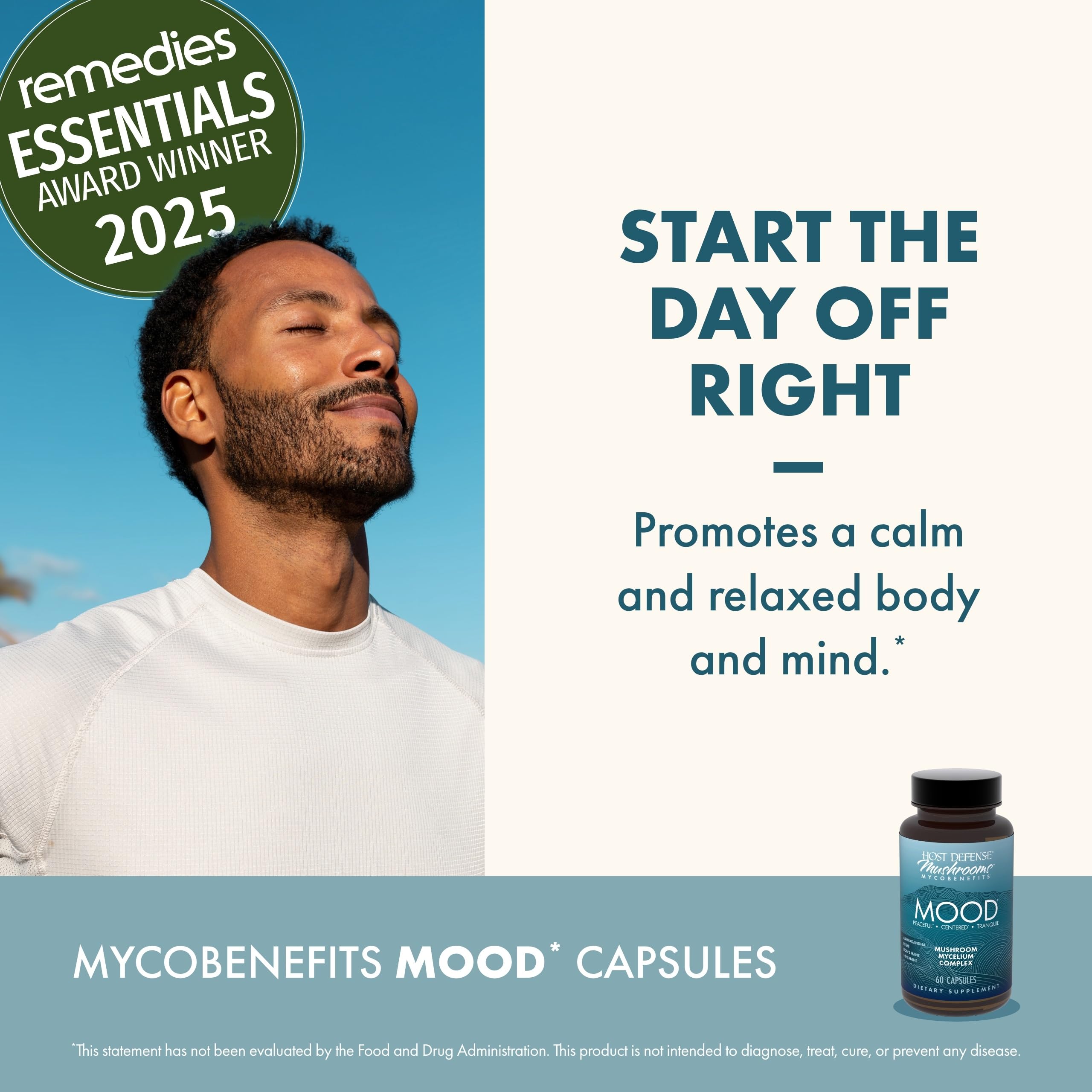 Host Defense MycoBenefits Mood, envase compacto ideal para llevar en la bolsa.