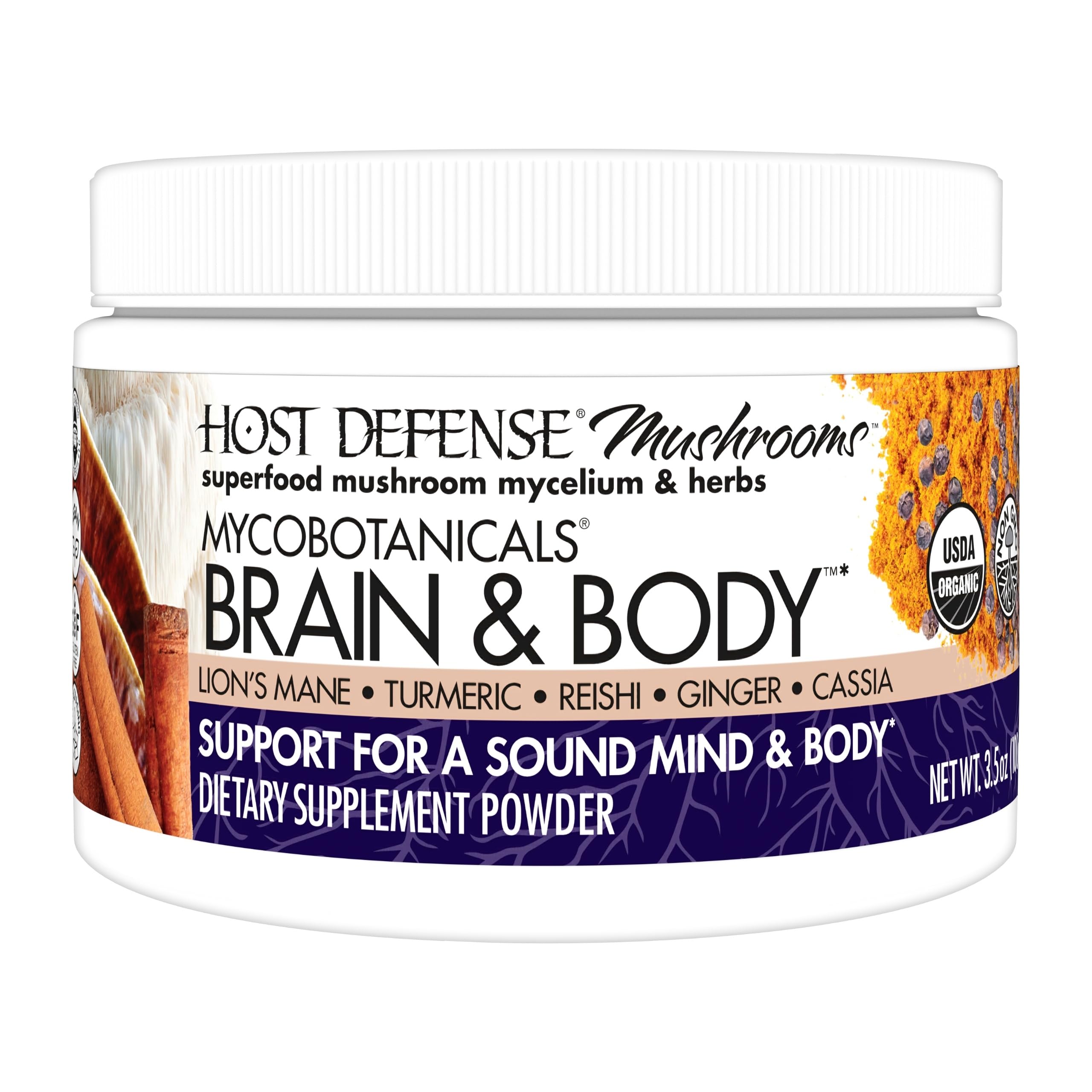 Host Defense MycoBotanicals Brain & Body en frasco, potencia la concentración diaria.