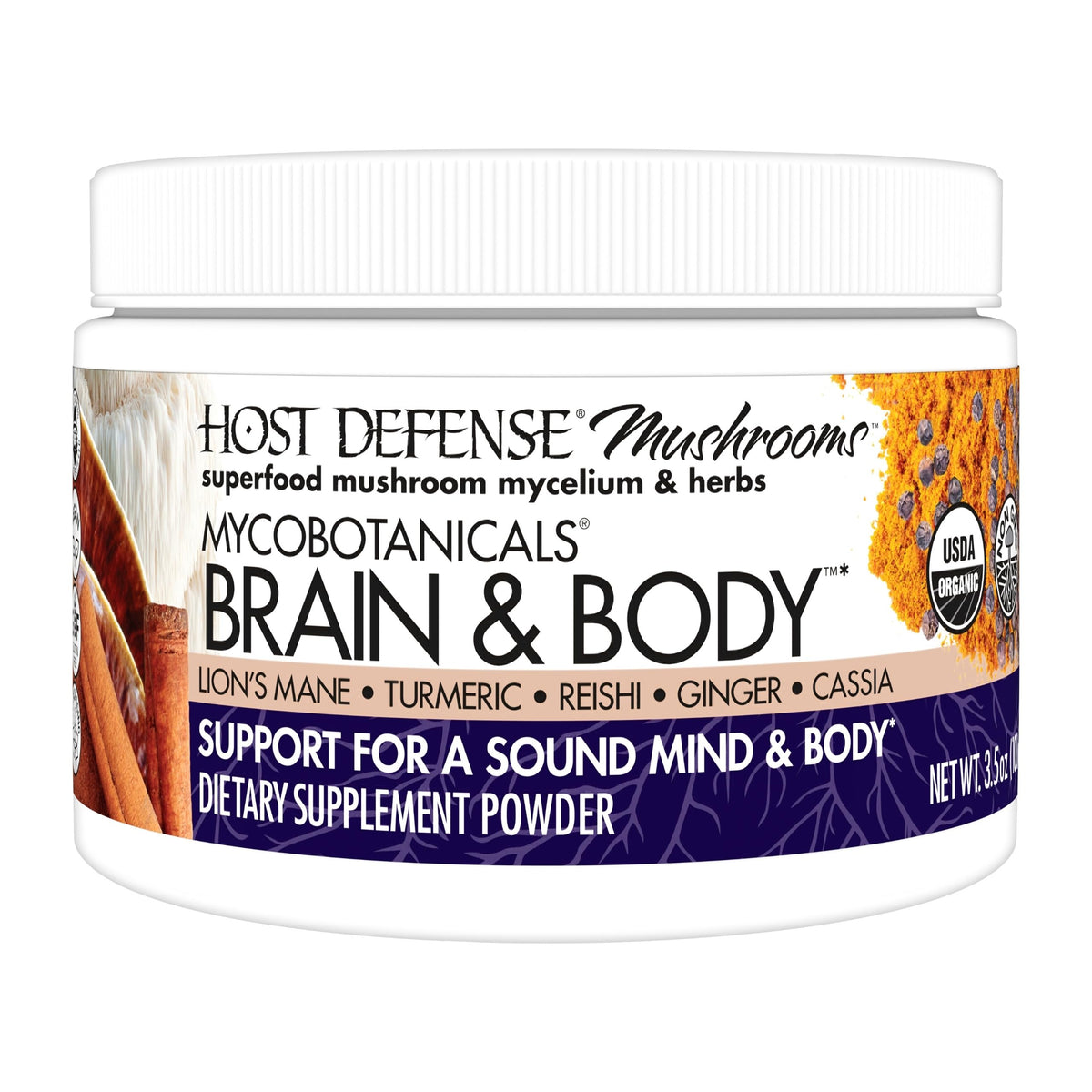 Host Defense MycoBotanicals Brain & Body en frasco, potencia la concentración diaria.