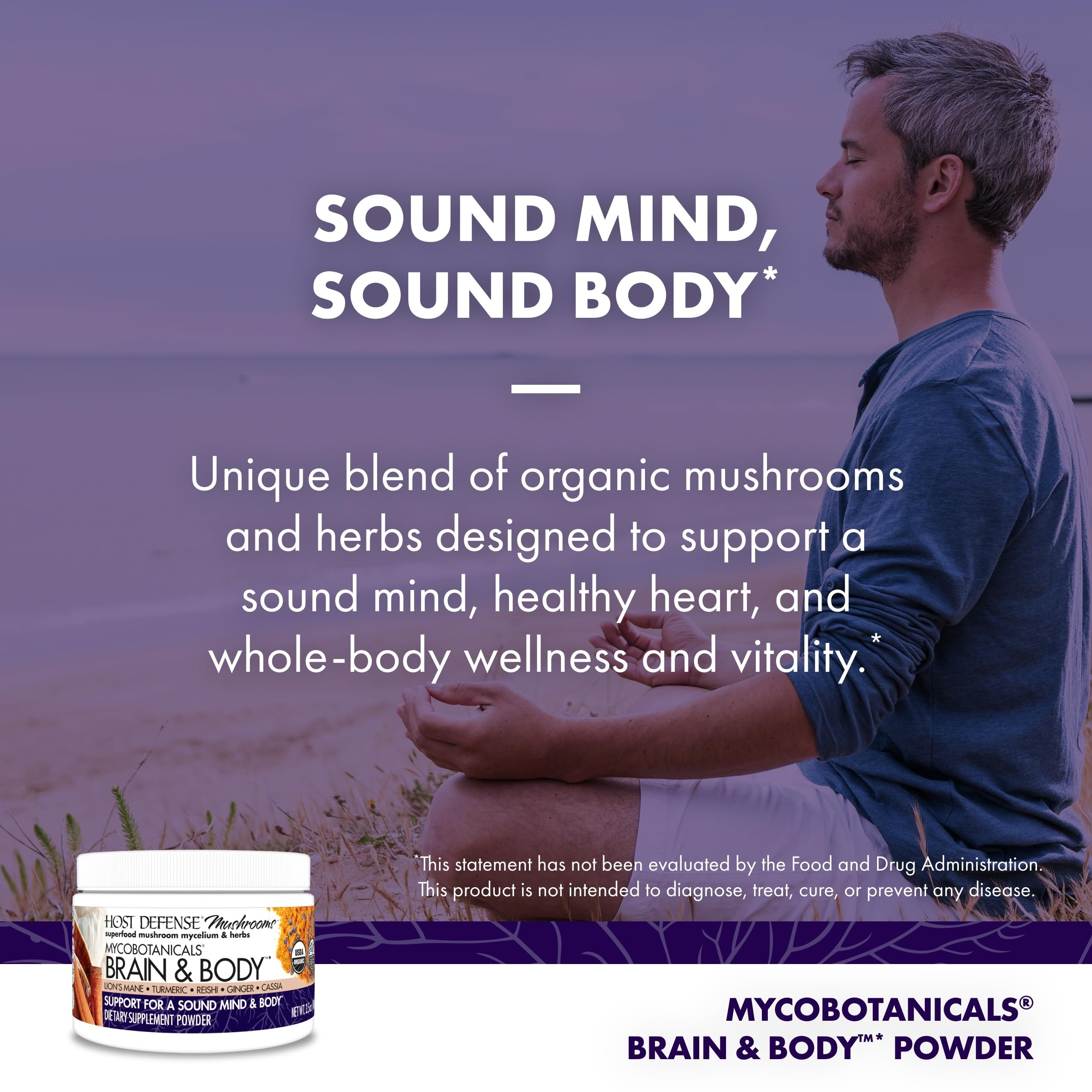 Host Defense MycoBotanicals Brain & Body en lata, textura suave para batidos.