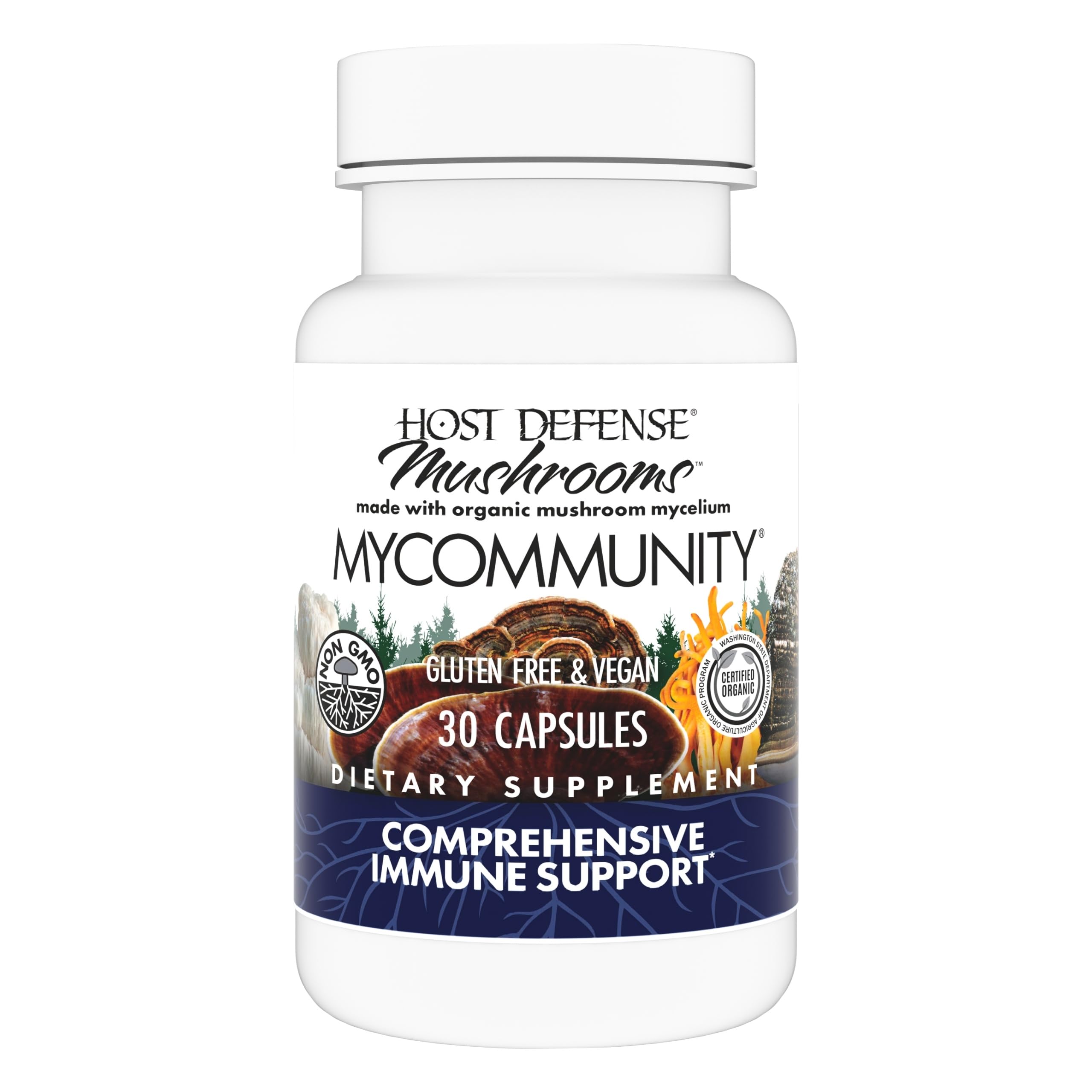 Host Defense MyCommunity: botella frontal con cápsulas para apoyar el sistema inmunológico.