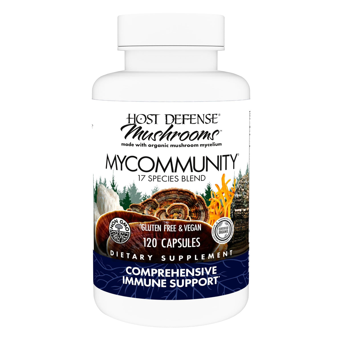 Host Defense MyCommunity: botella de 120 cápsulas para apoyo inmunitario diario.