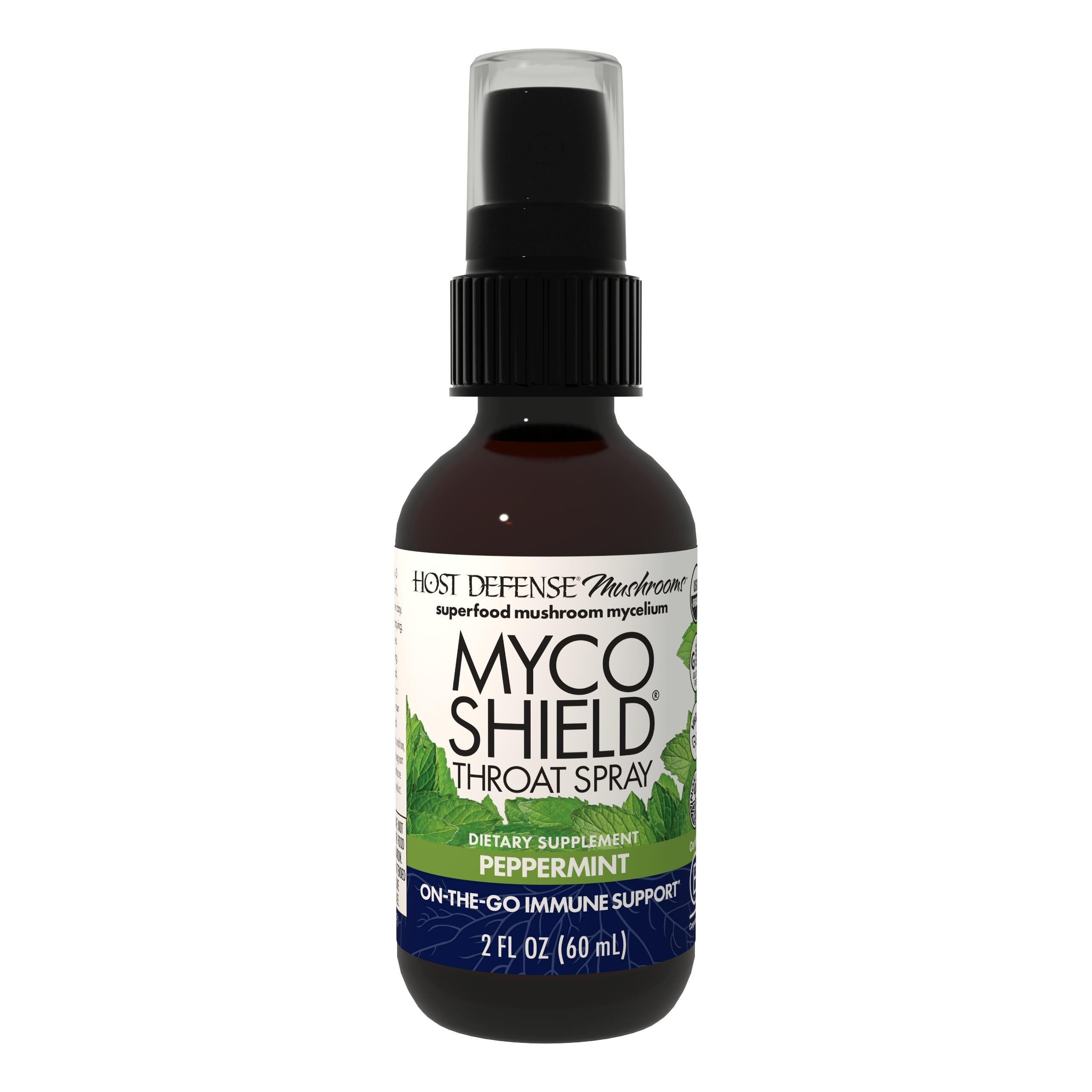 Host Defense MycoShield Throat Spray, botella, práctico para apoyo inmune diario.