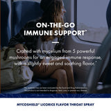 Host Defense MycoShield Throat Spray con regaliz para sabor suave y uso diario.