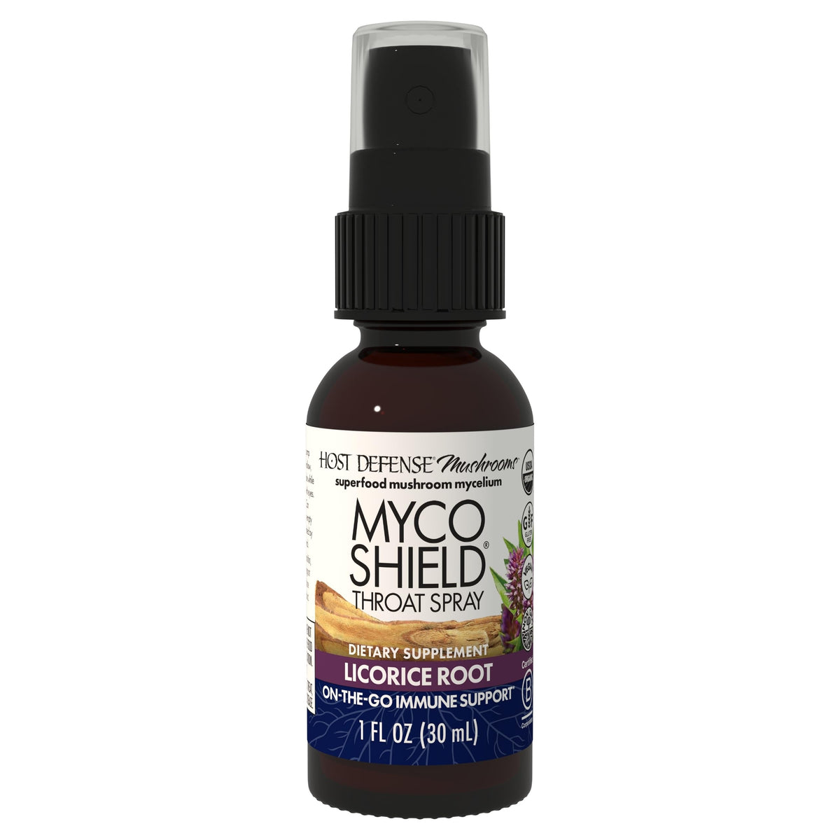 Host Defense MycoShield Throat Spray frente de la botella, apoyo diario para la garganta.