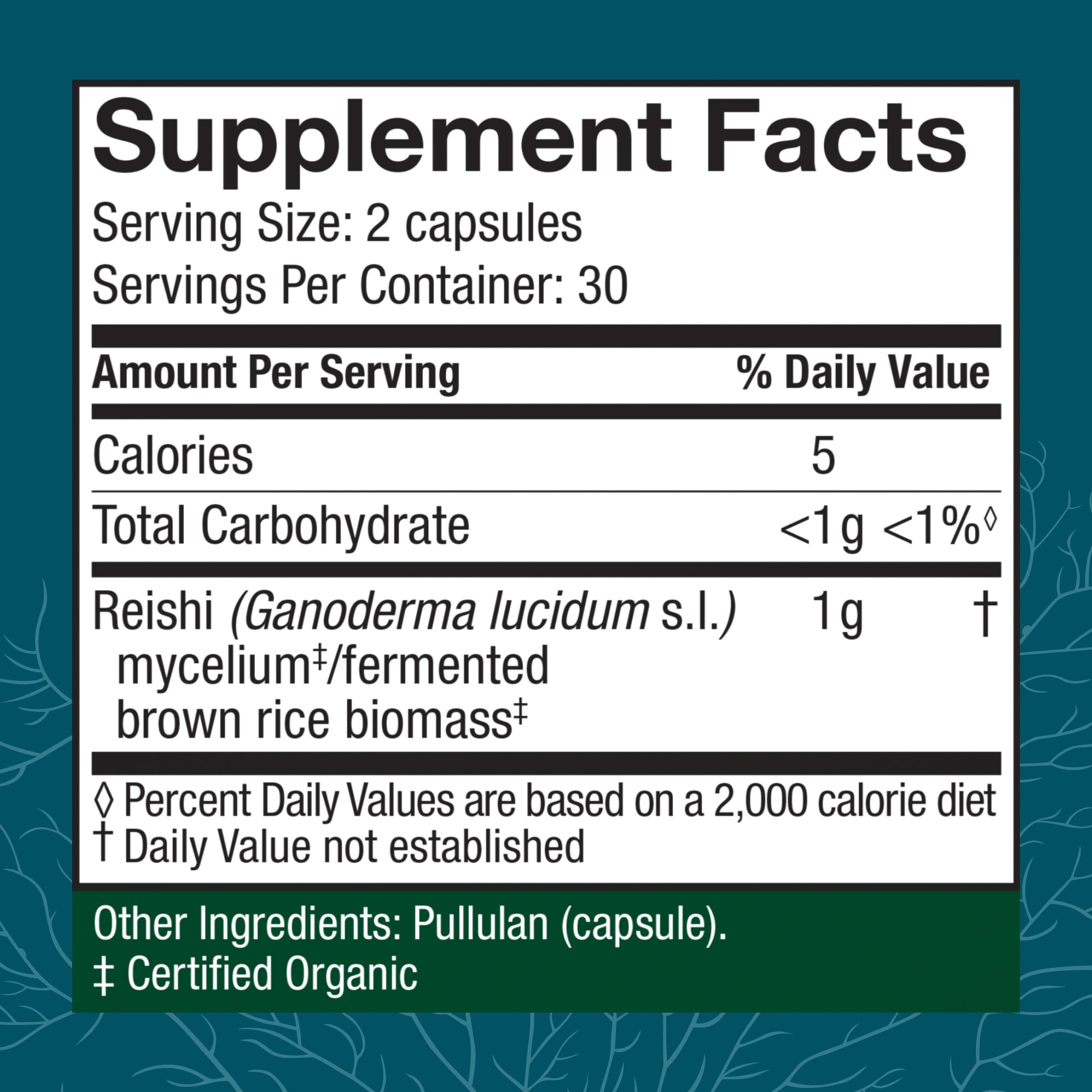 Etiqueta orgánica de Host Defense Reishi Capsules, calidad certificada