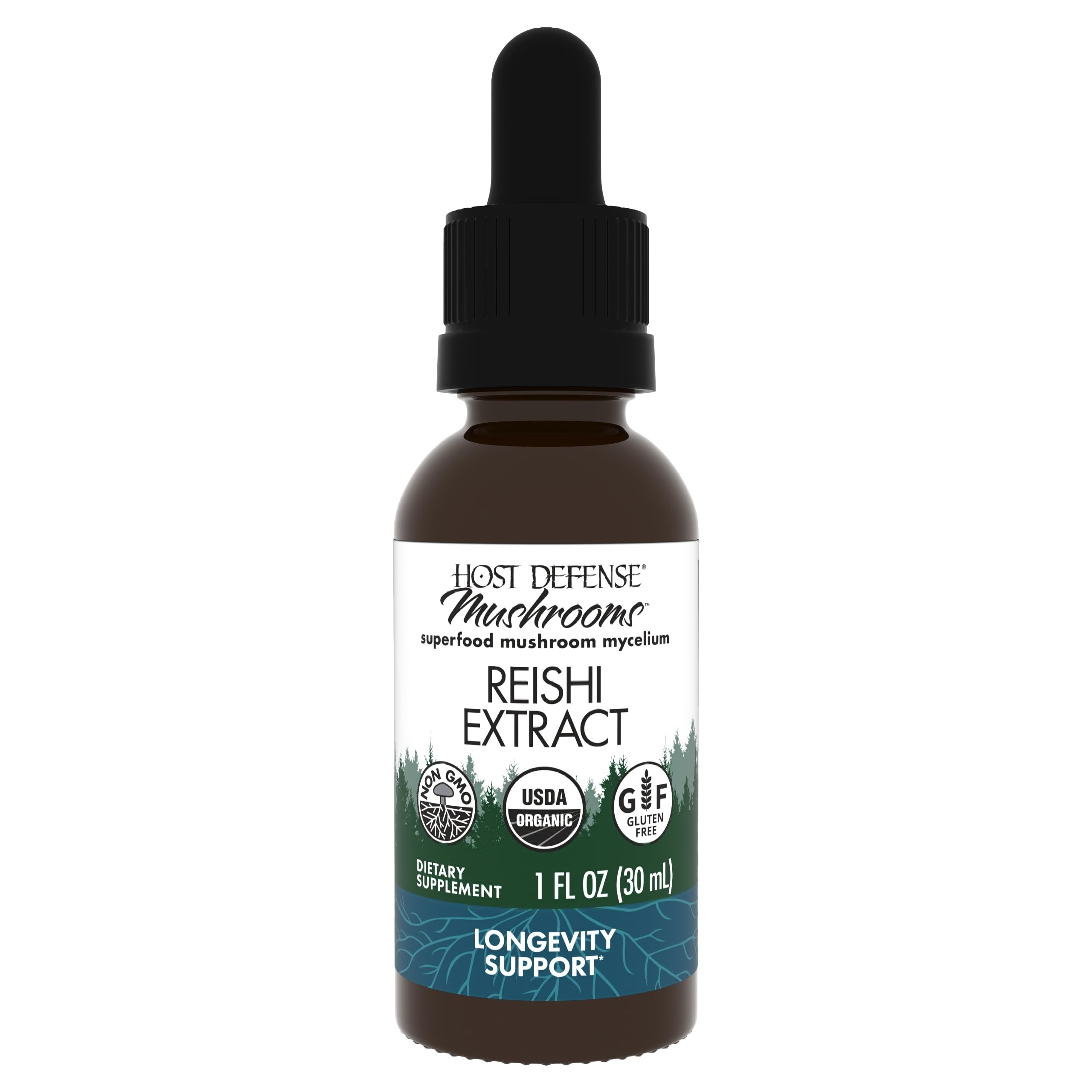 Host Defense Reishi Extract, botella 1onza con gotero, apoyo práctico para bienestar diario.