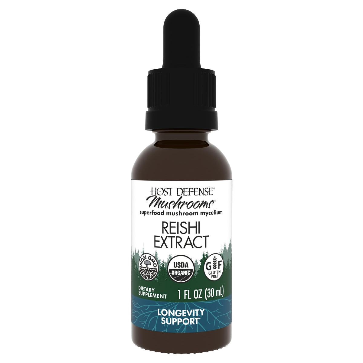 Host Defense Reishi Extract, botella 1onza con gotero, apoyo práctico para bienestar diario.