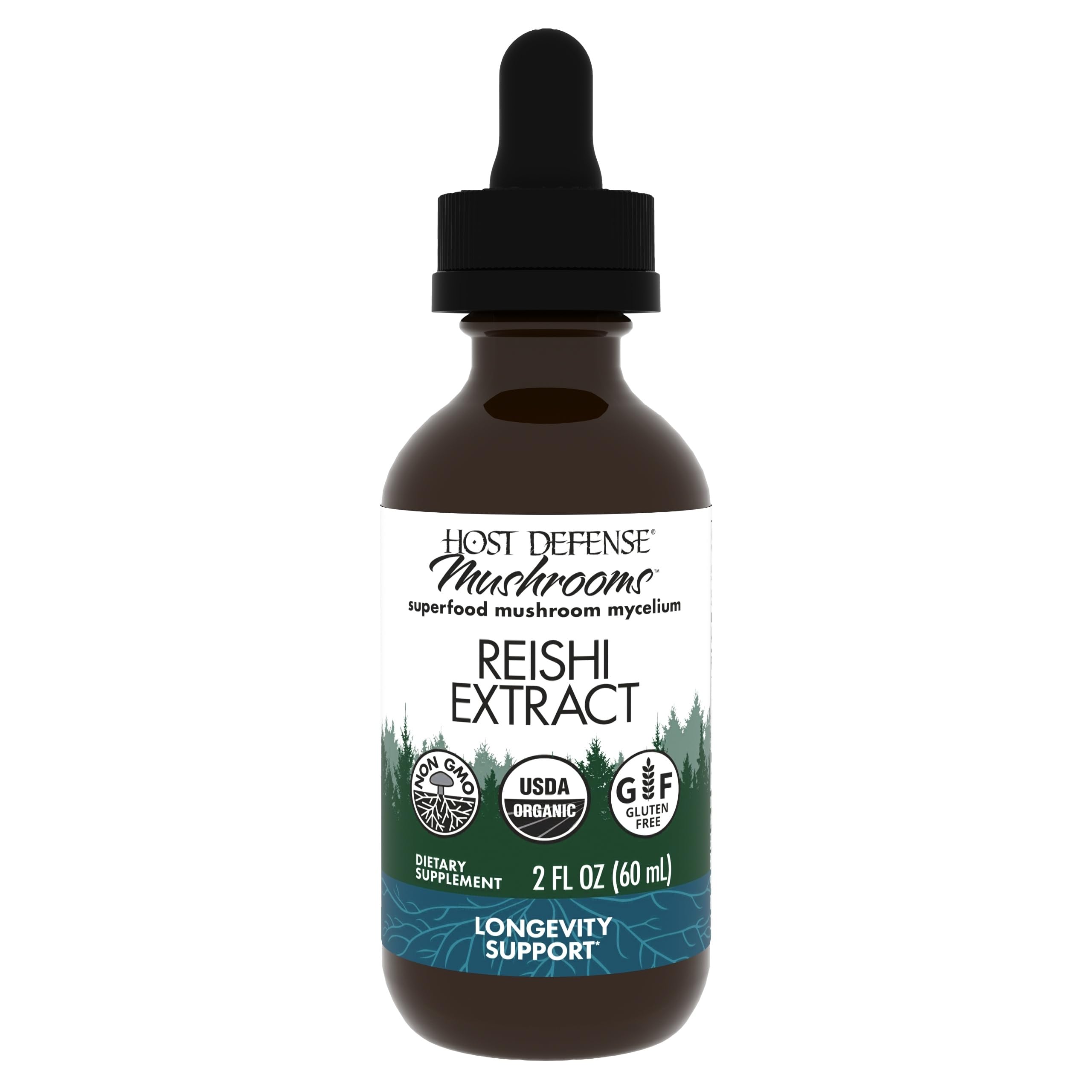 Host Defense Reishi Extract, botella visible, apoyo a inmunidad y energía diaria.