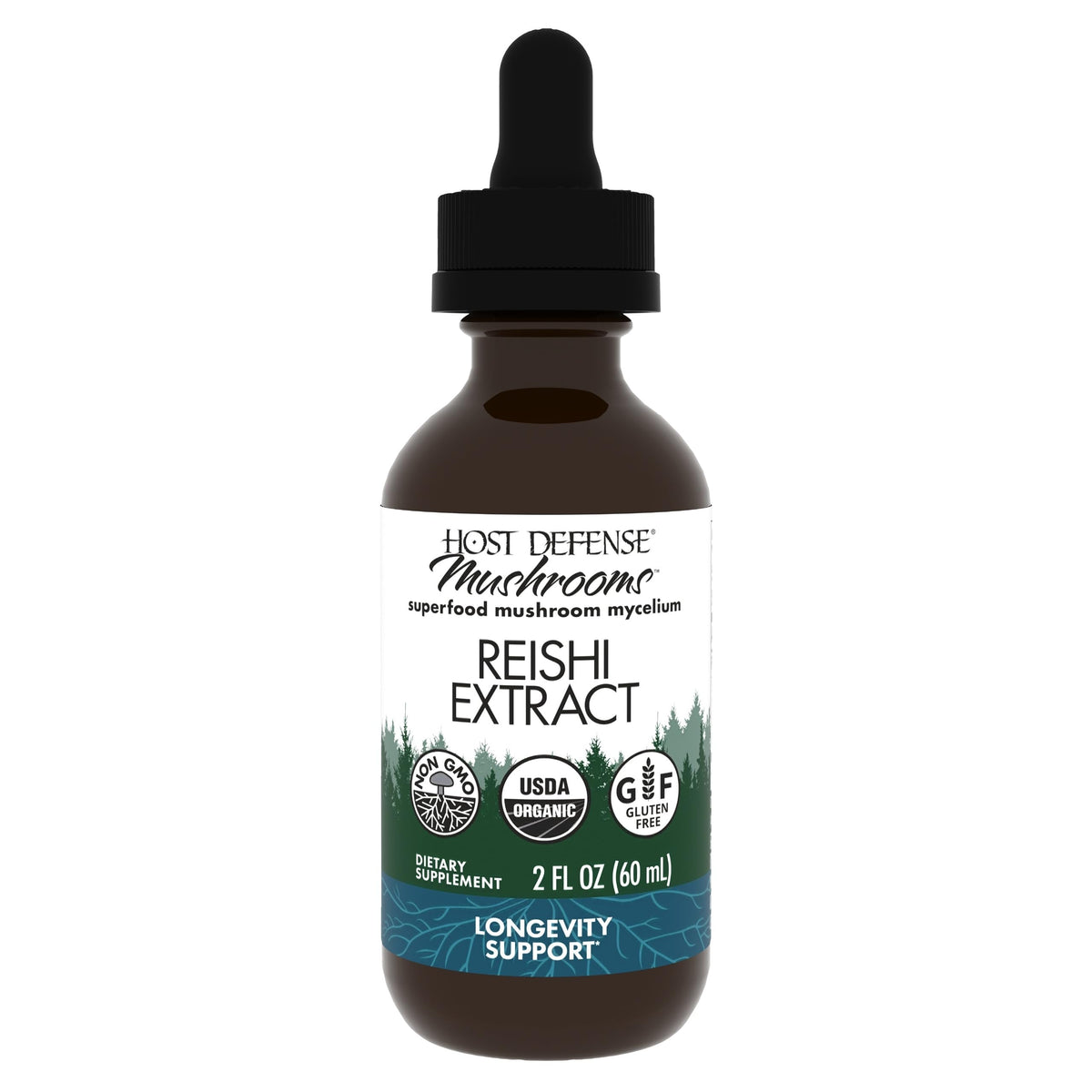 Host Defense Reishi Extract, botella visible, apoyo a inmunidad y energía diaria.