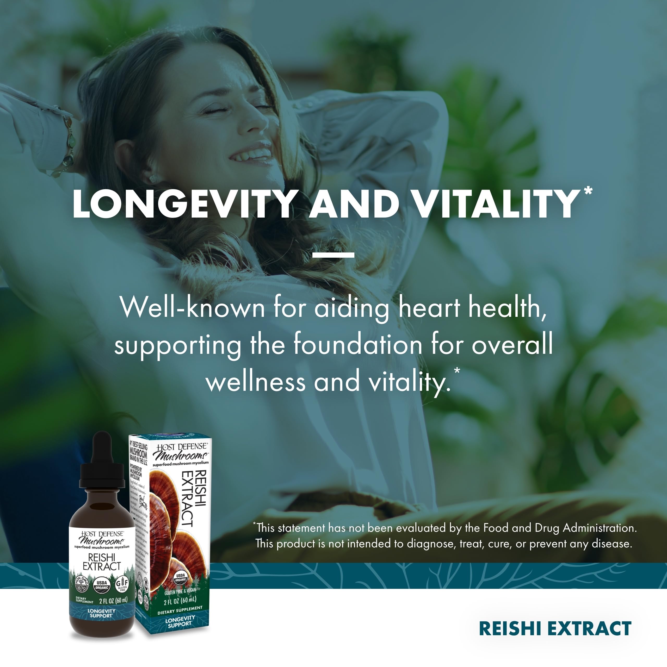 Host Defense Reishi Extract, gotas en primer plano, facilita la toma diaria.