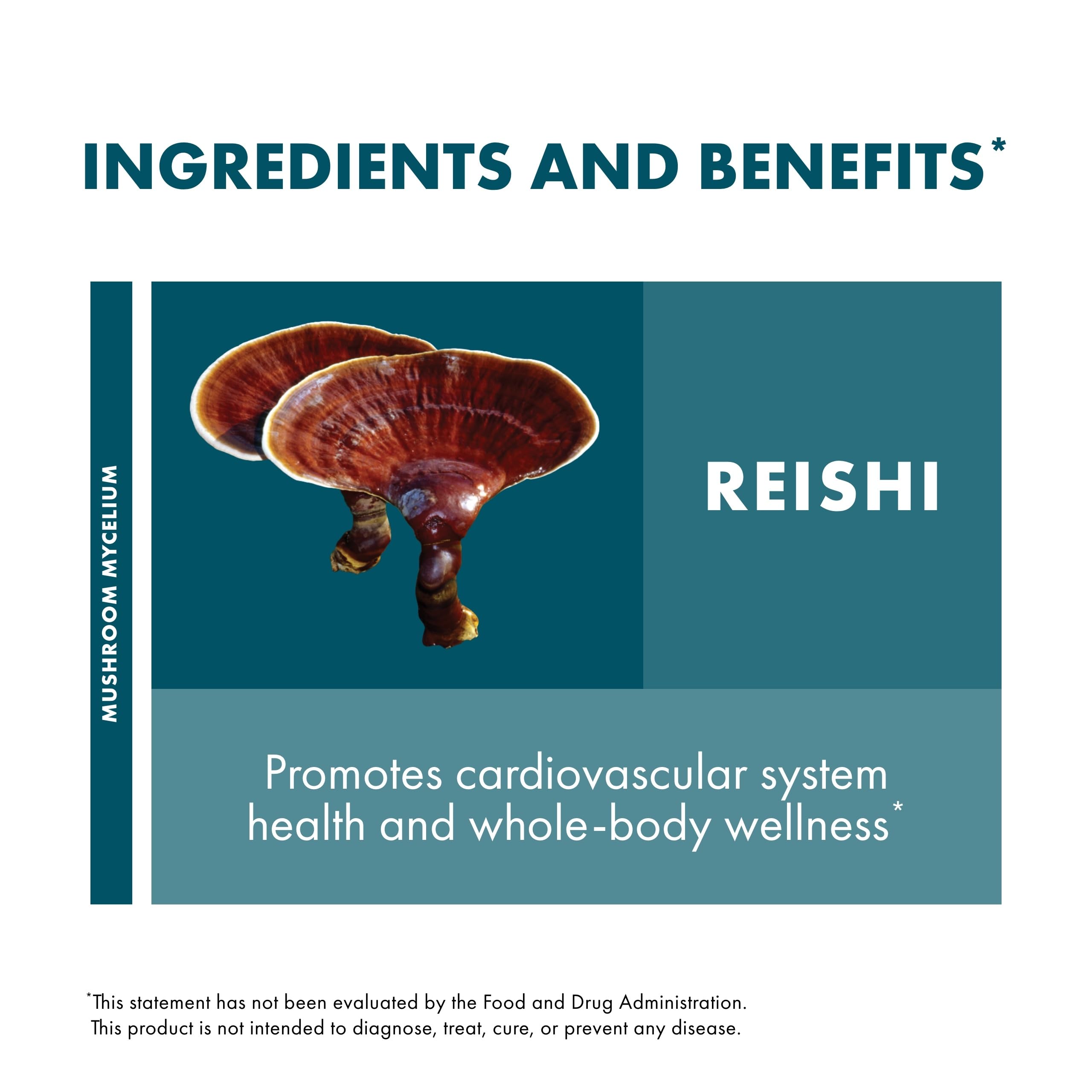 Host Defense Reishi Extract, micelio orgánico de hongos, ingrediente clave para bienestar general.
