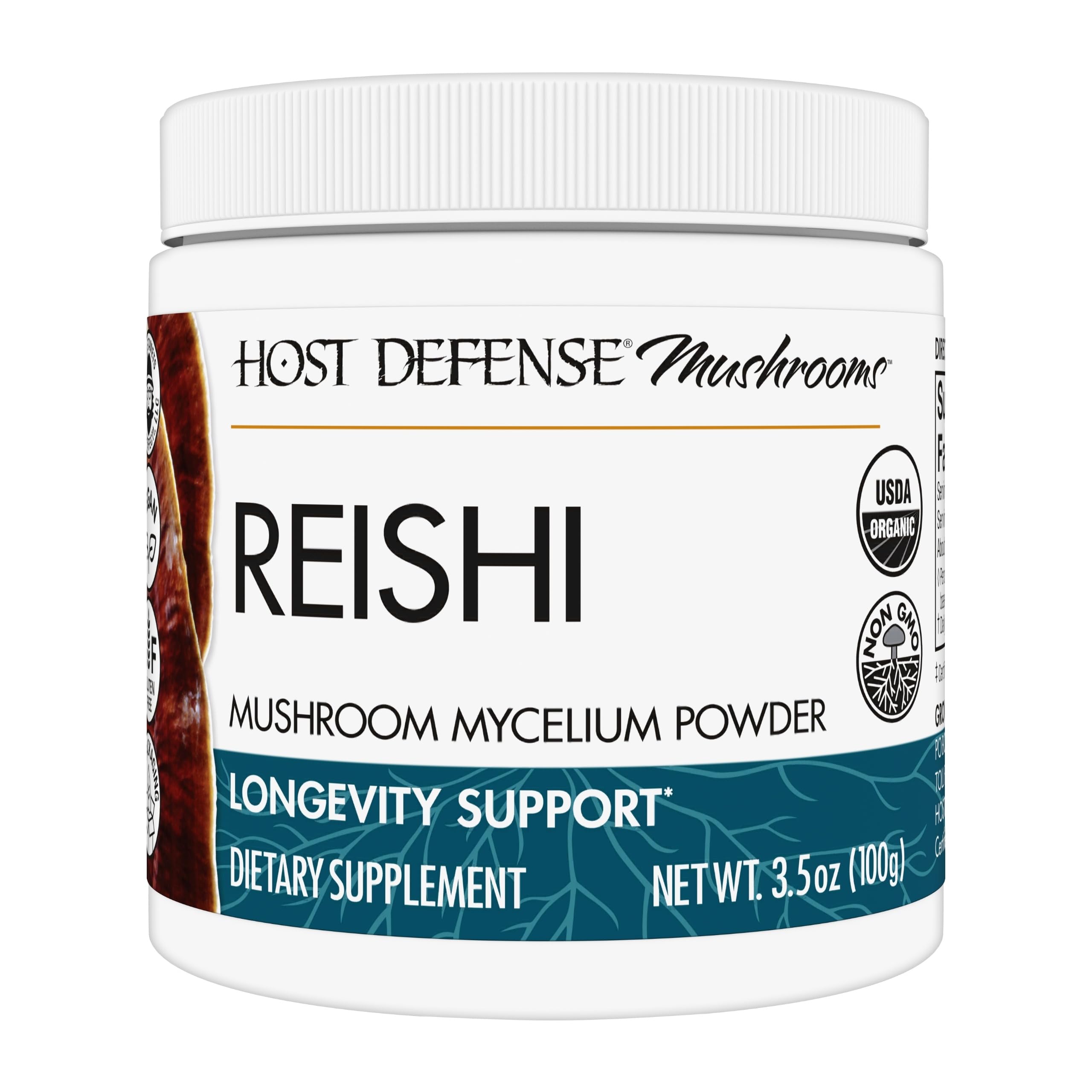 Host Defense Reishi polvo: caja y etiqueta para identificación fácil y uso diario seguro.