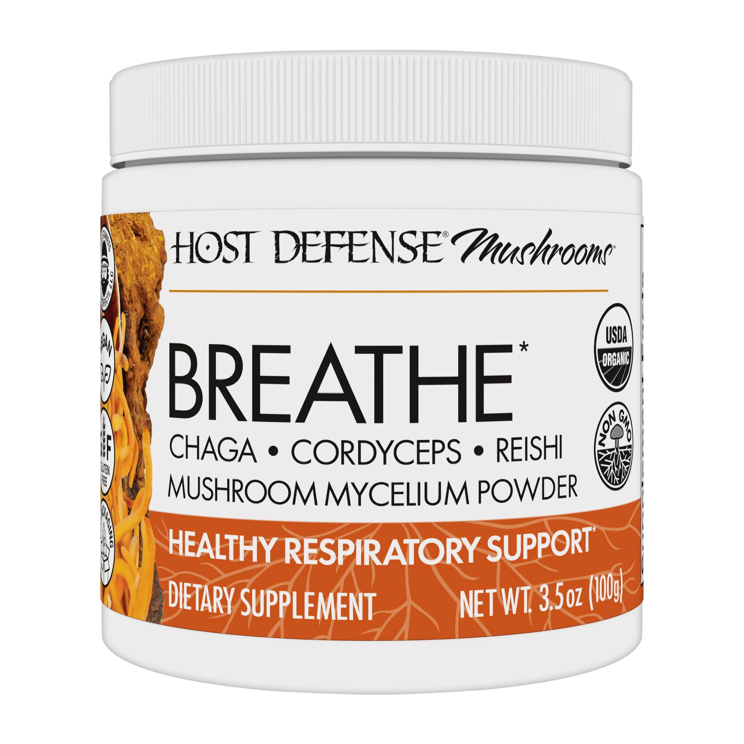 Host Defense Breathe en polvo en botella para uso diario y apoyo posible a la respiración.