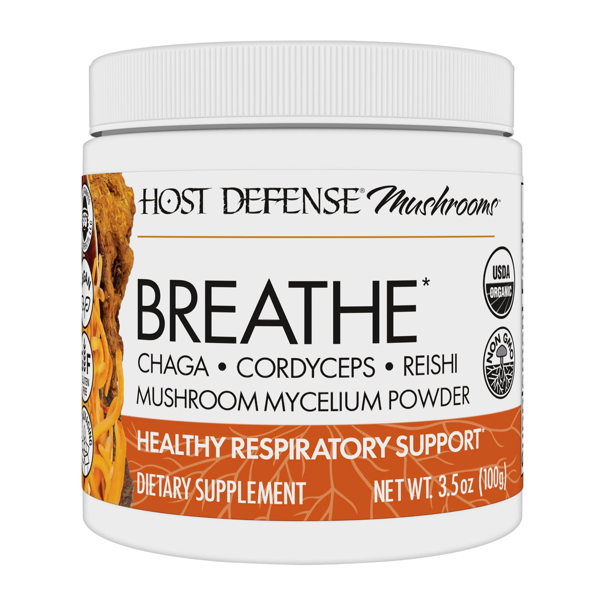 Host Defense Breathe en polvo en botella para uso diario y apoyo posible a la respiración.