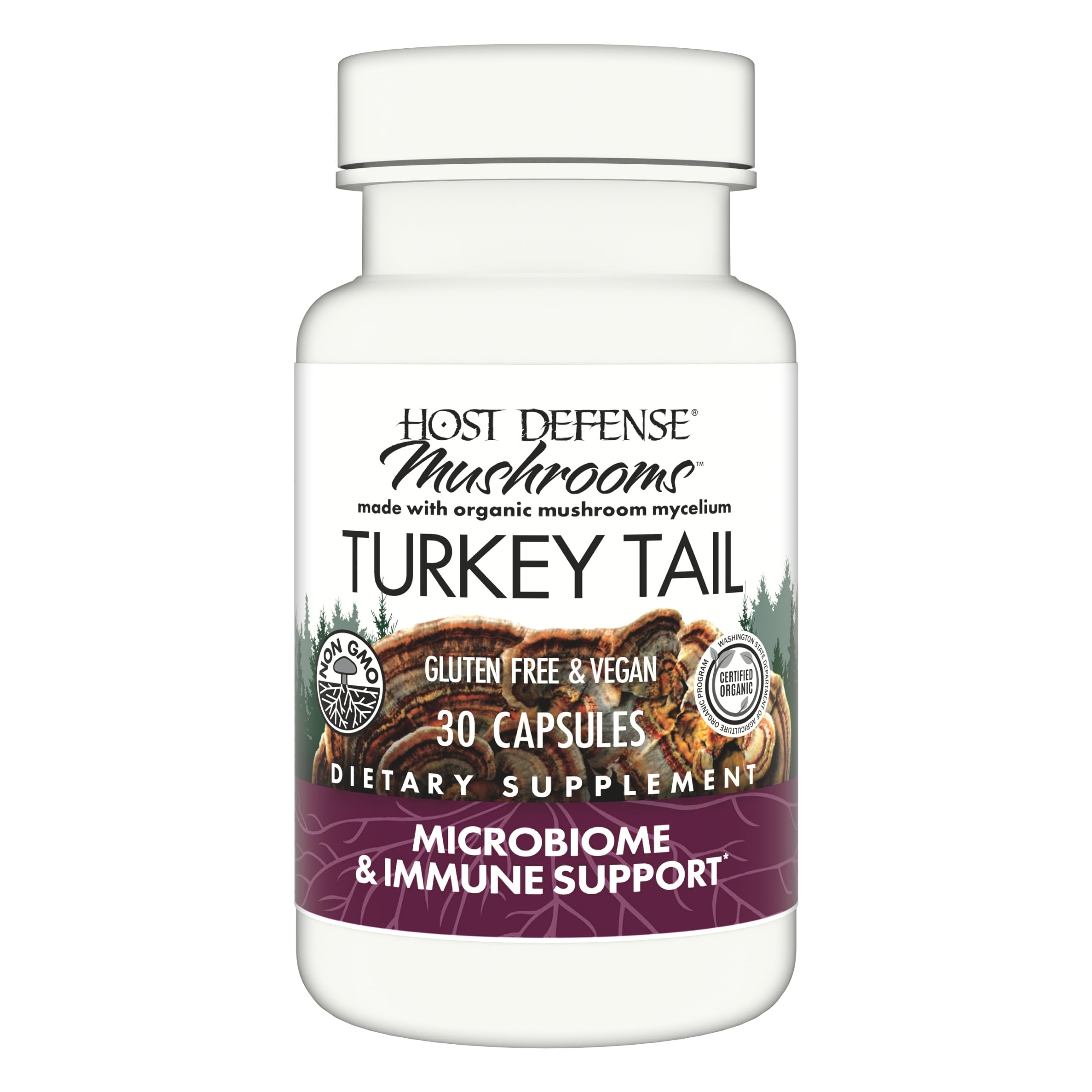Host Defense Turkey Tail: cápsulas sobre fondo blanco, posible apoyo digestivo diario.
