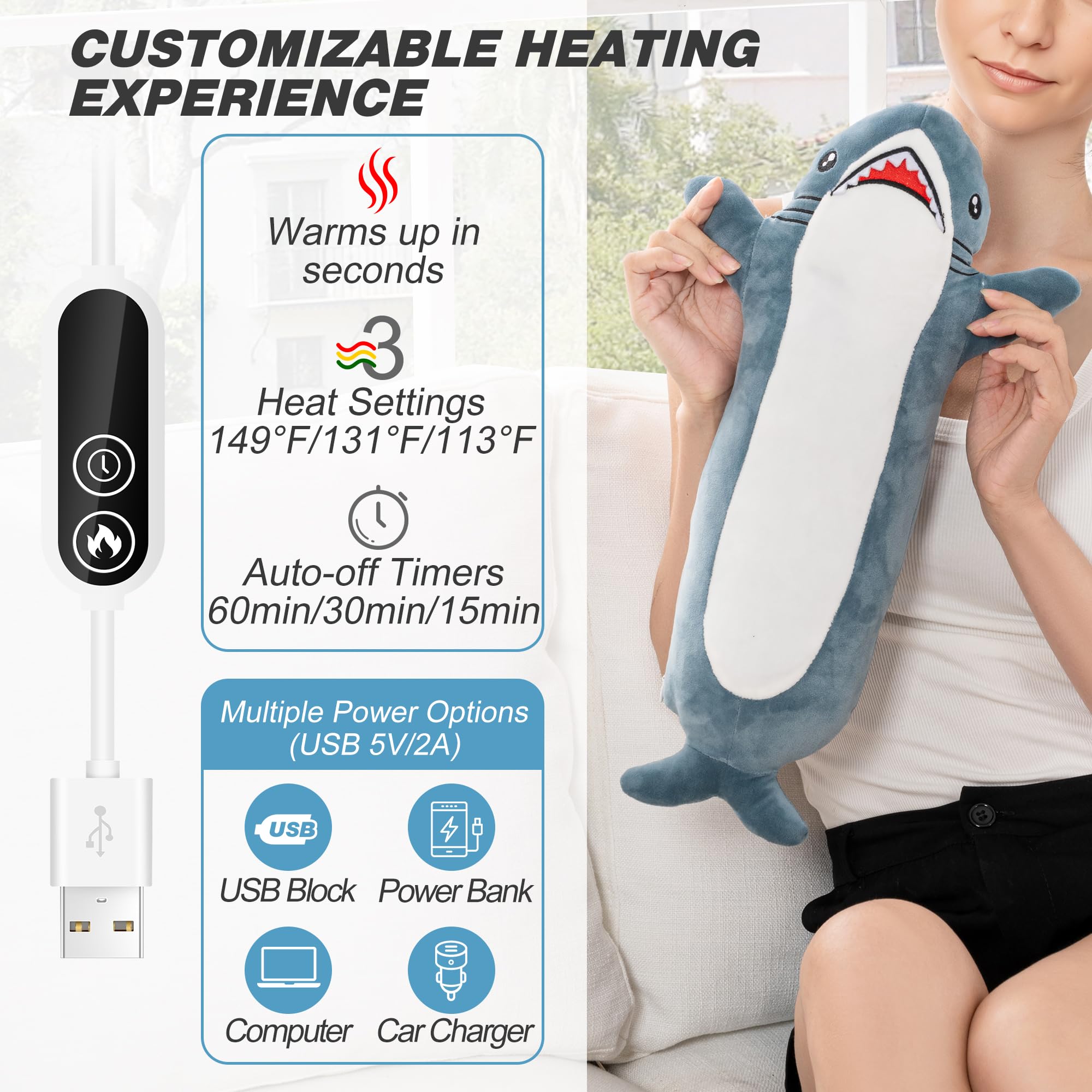 HOTHUGZ Shark Heating Pad close-up fabric reveals ultra-soft plush texture for comforting touch