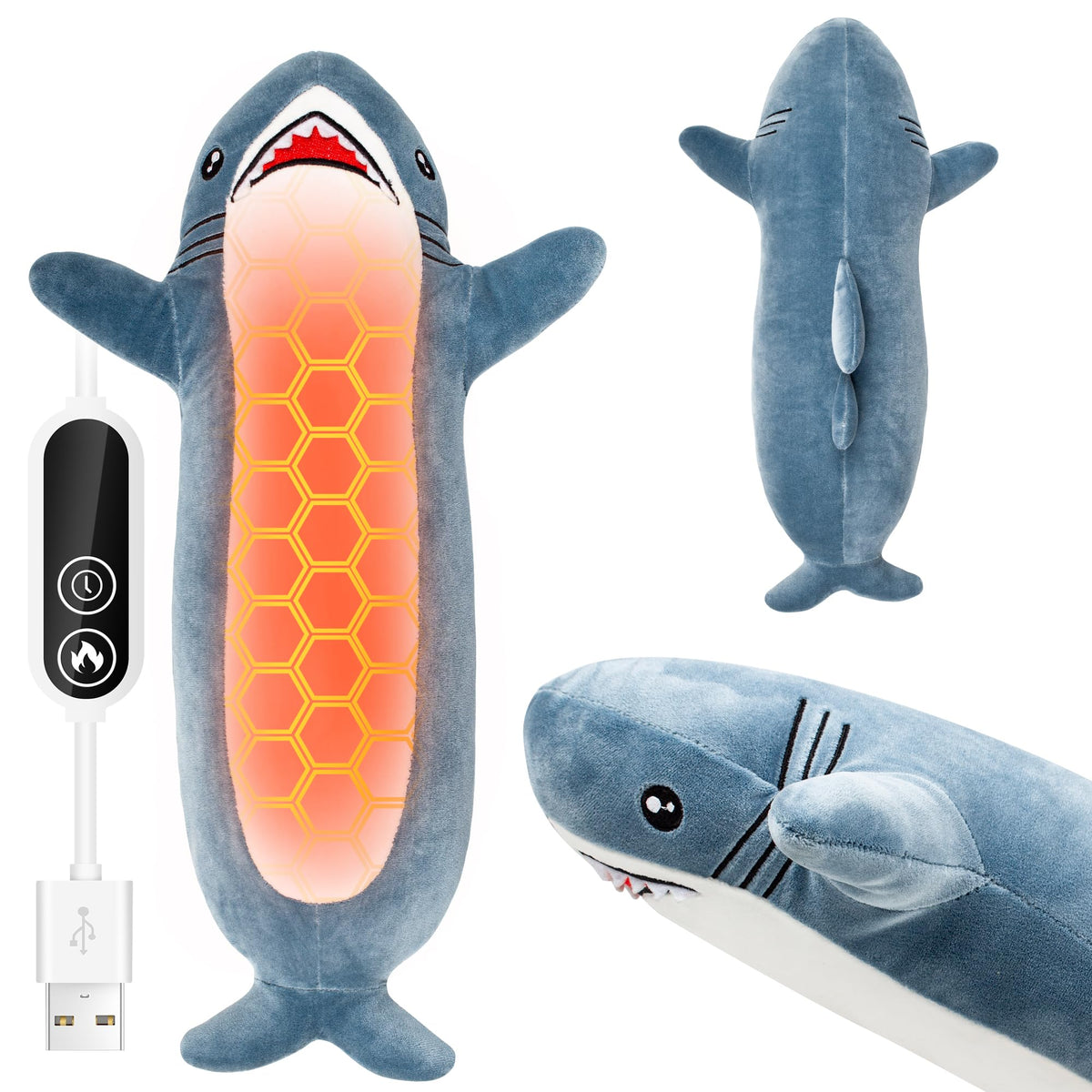 HOTHUGZ Shark Heating Pad front view shows plush warmth for cramps relief and cozy relaxation