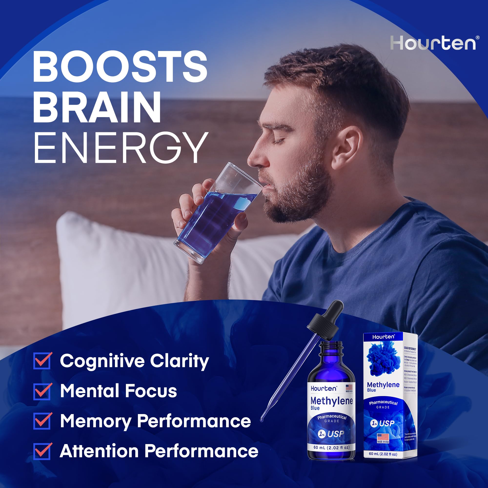 Hourten Methylene Blue, botella-ambar: conserva la fórmula y la estabilidad para mejor consistencia.