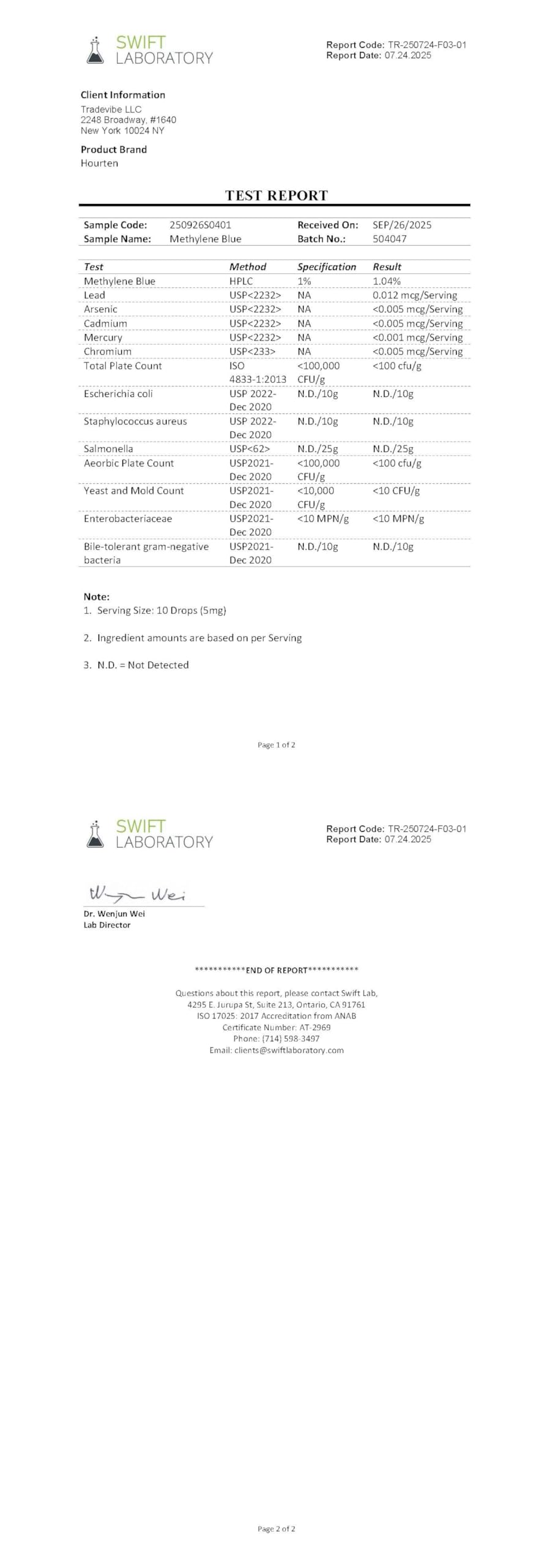 Hourten Methylene Blue, uso-laboratorio: apoyo a investigaciones y pruebas de pureza.
