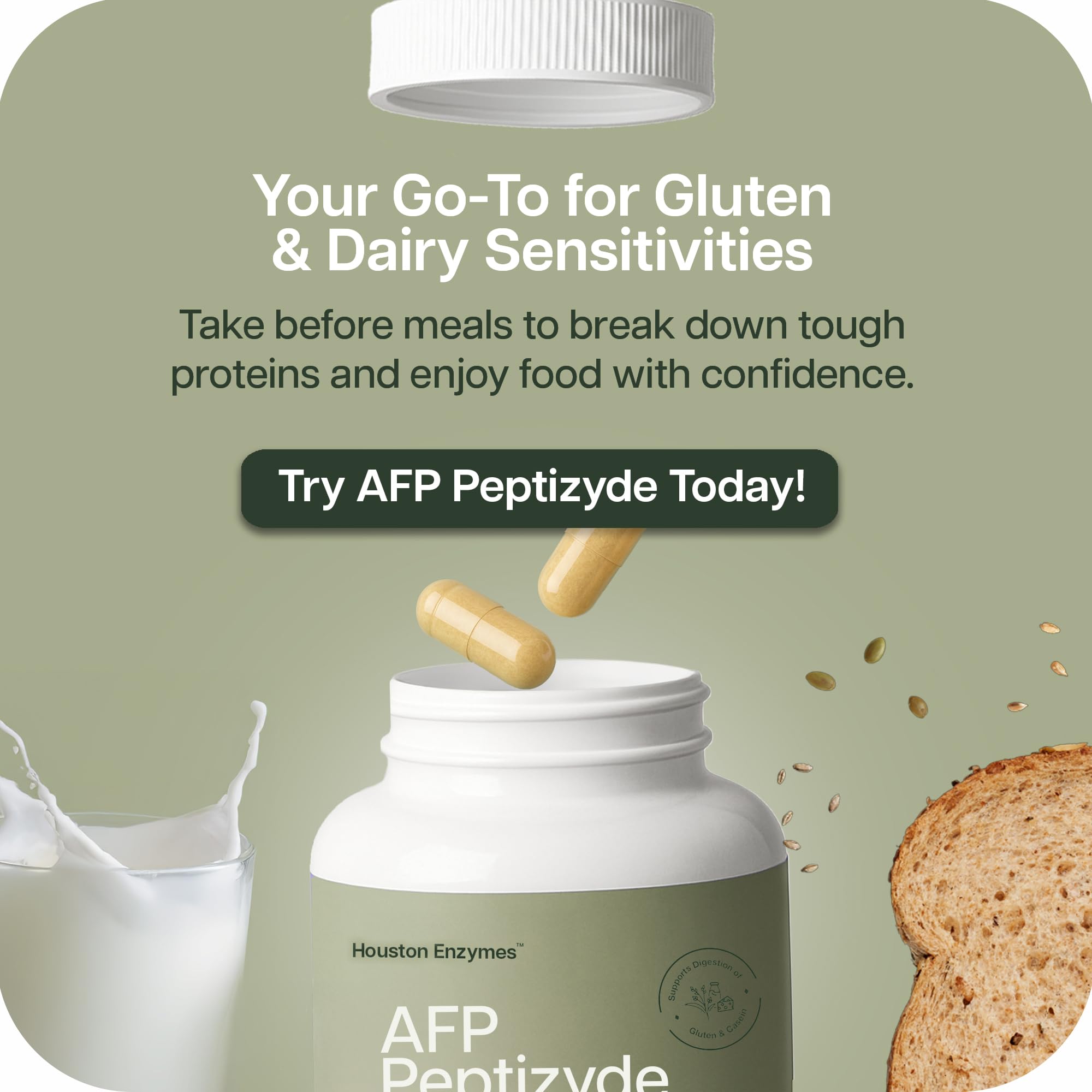 Cápsulas AFP Peptizyde en plato con comida proteica para facilitar digestión.