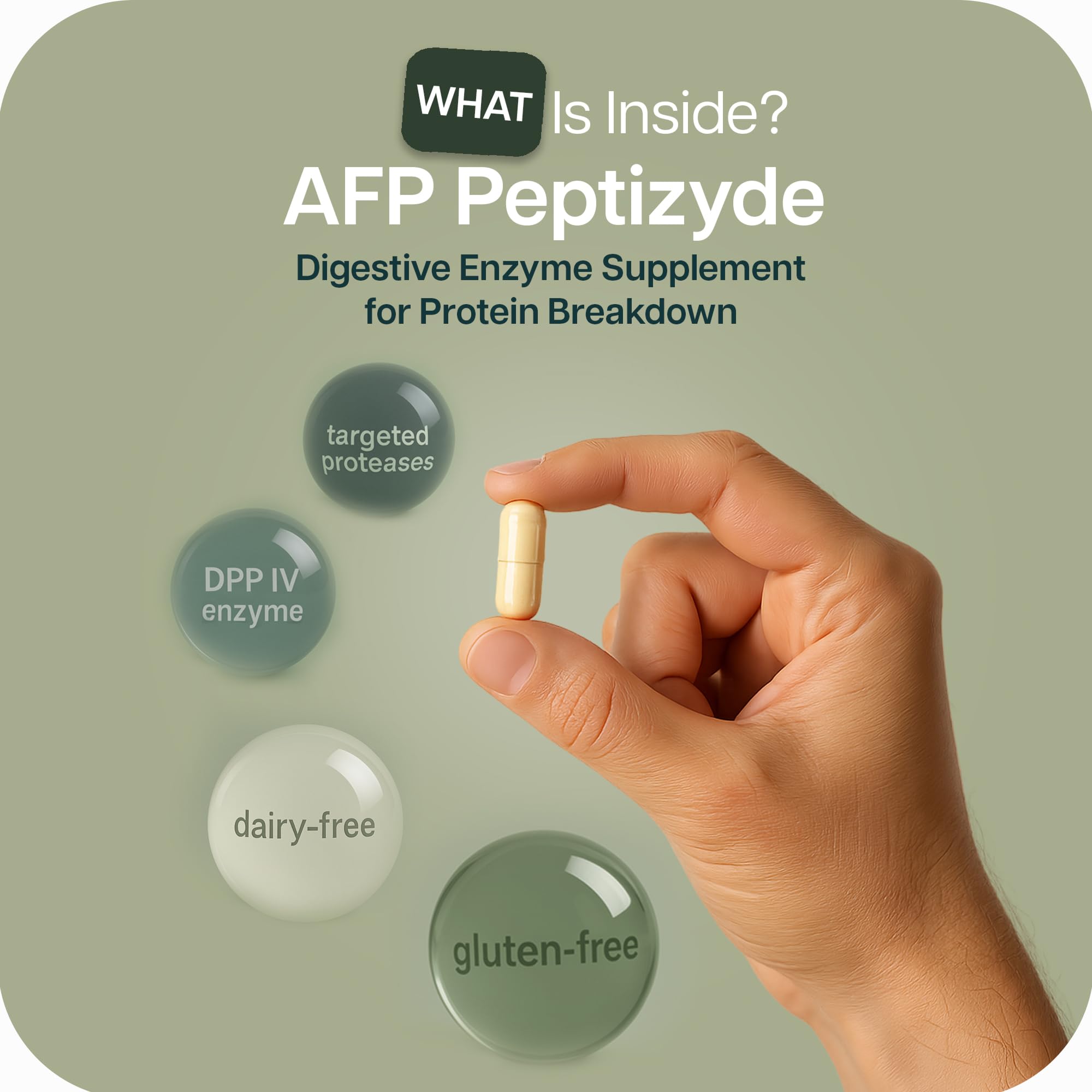 Houston Enzymes AFP Peptizyde: cápsulas en mano para uso rápido con comidas proteicas.