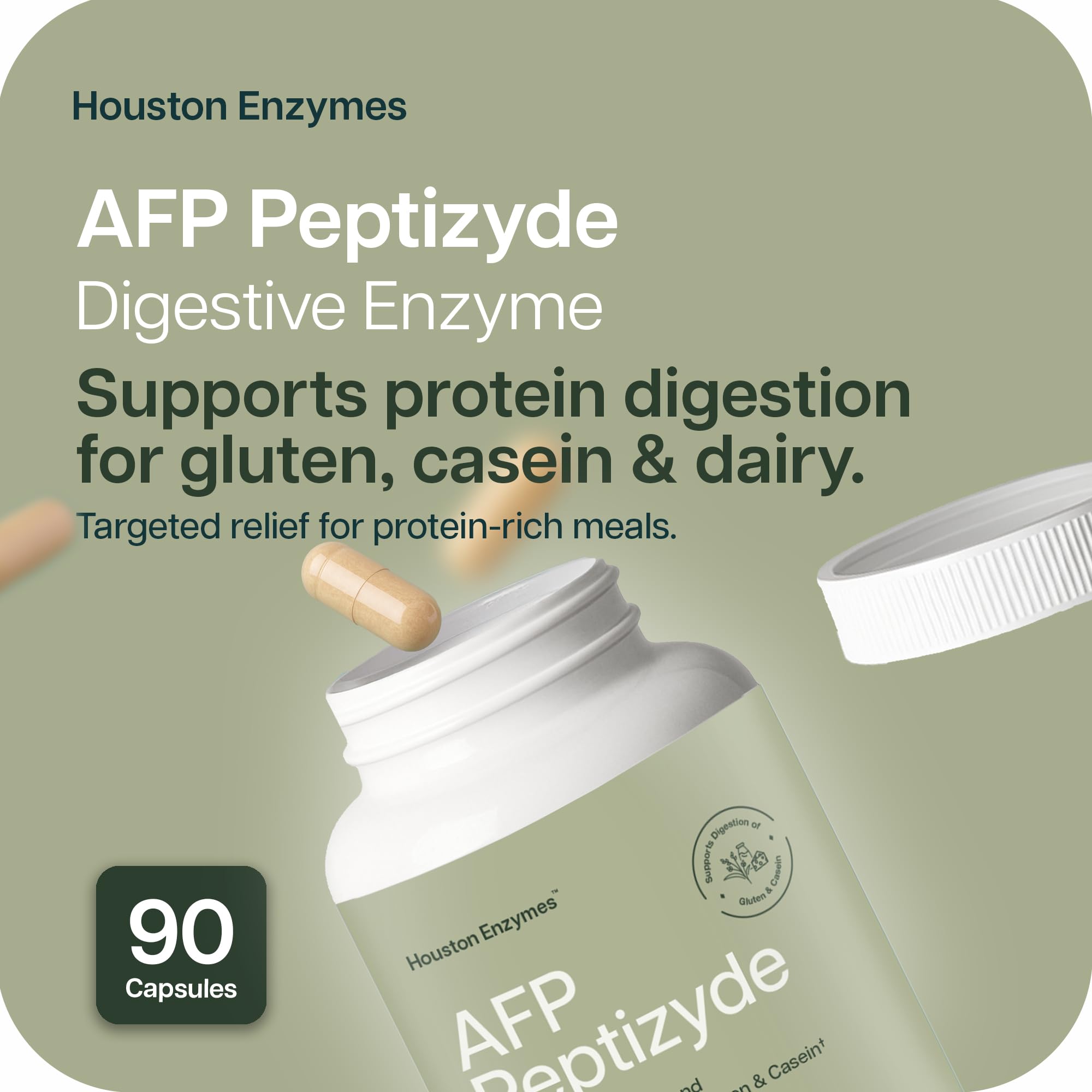 Houston Enzymes AFP Peptizyde: cápsulas visibles para apoyar la digestión de proteínas.