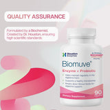 Houston Enzymes Biomuve: caja y empaque resaltan Actazin y prebióticos.