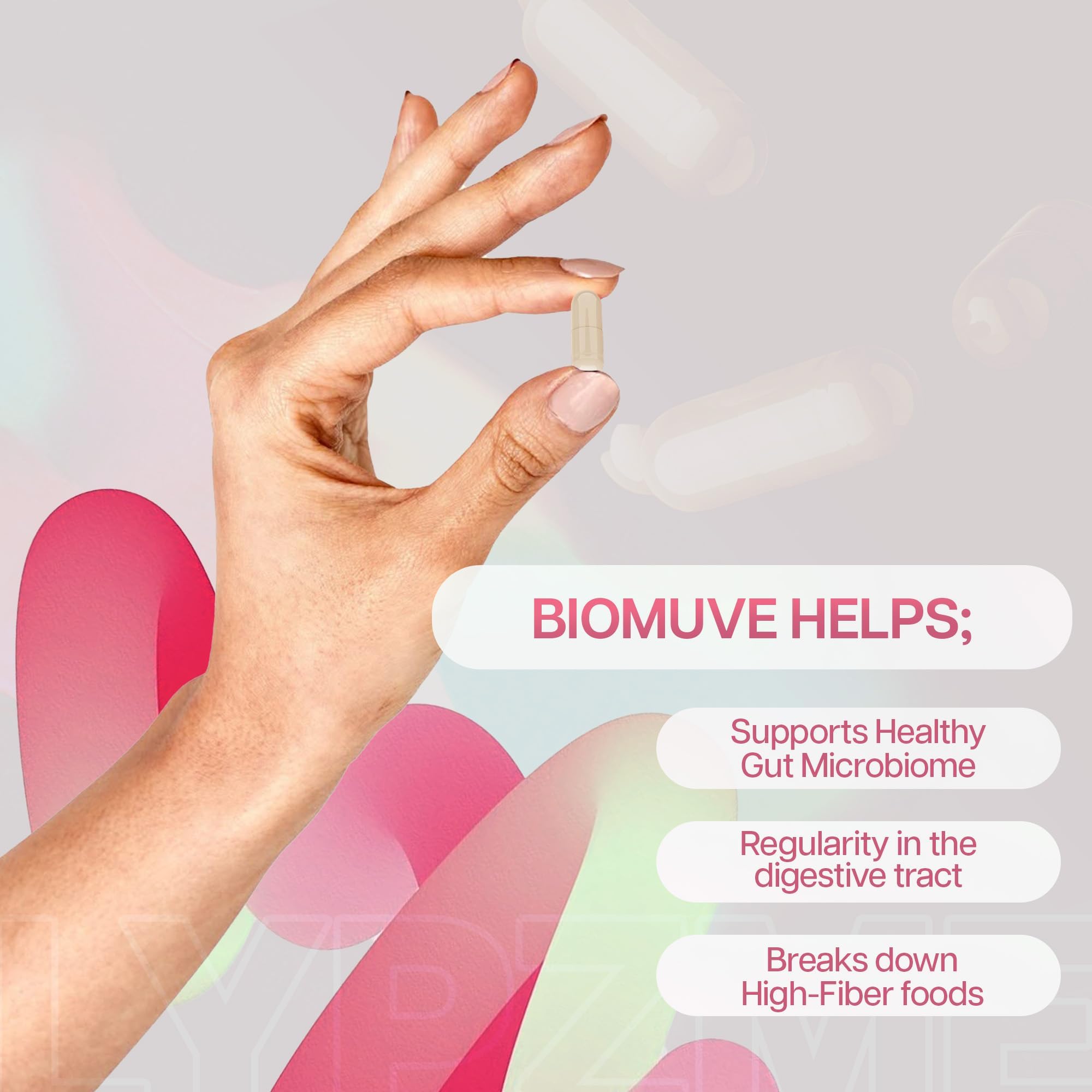 Houston Enzymes Biomuve: etiqueta detallada con ingredientes y beneficios.
