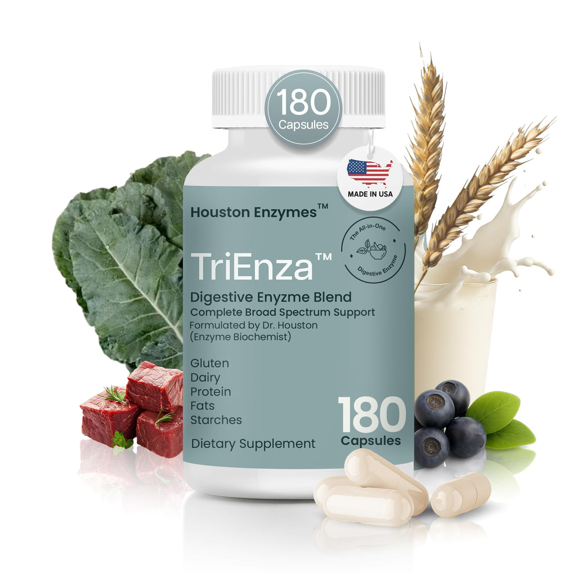 Houston Enzymes TriEnza: cápsulas en botella para apoyar proteínas y carbohidratos.